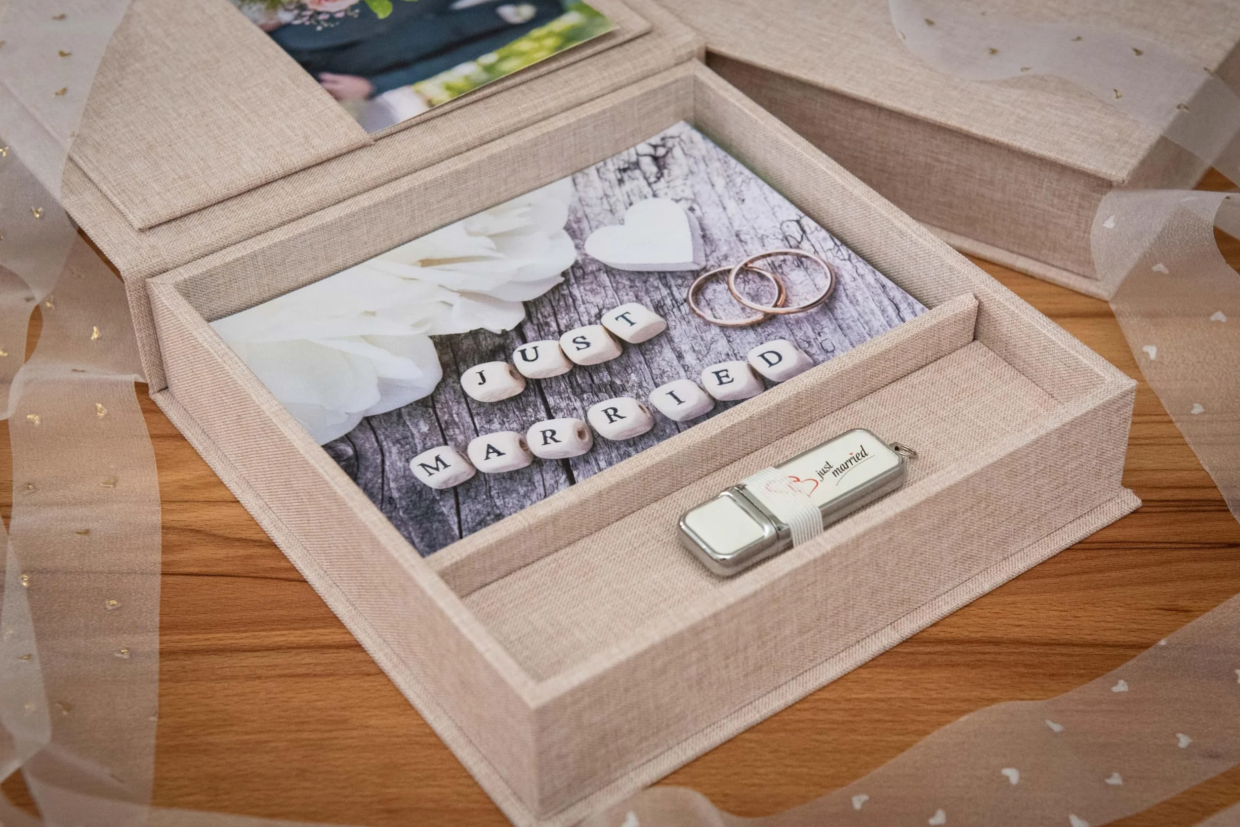 Élégante boîte photo, avec fente USB, boîte cadeau, pour clés USB et tirages photo 13 x 18 cm (sans USB), boîte de rangement, boîte de rangement, boîte de rangement, boîte à souvenirs, cadeau photo