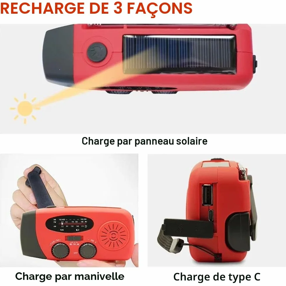 Radio d'urgence portable AM/FM avec manivelle solaire, chargeur USB, alarme SOS et lampe LED rouge