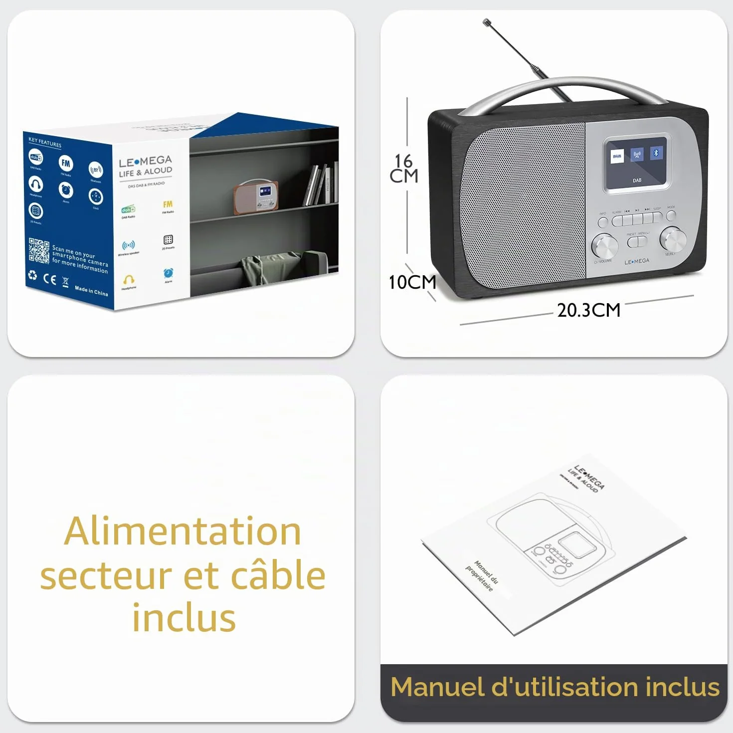 LEMEGA DR5 Radio Numérique DAB/DAB+ Bluetooth Réveil FM Secteur Piles Compacte Bois Métal Brossé