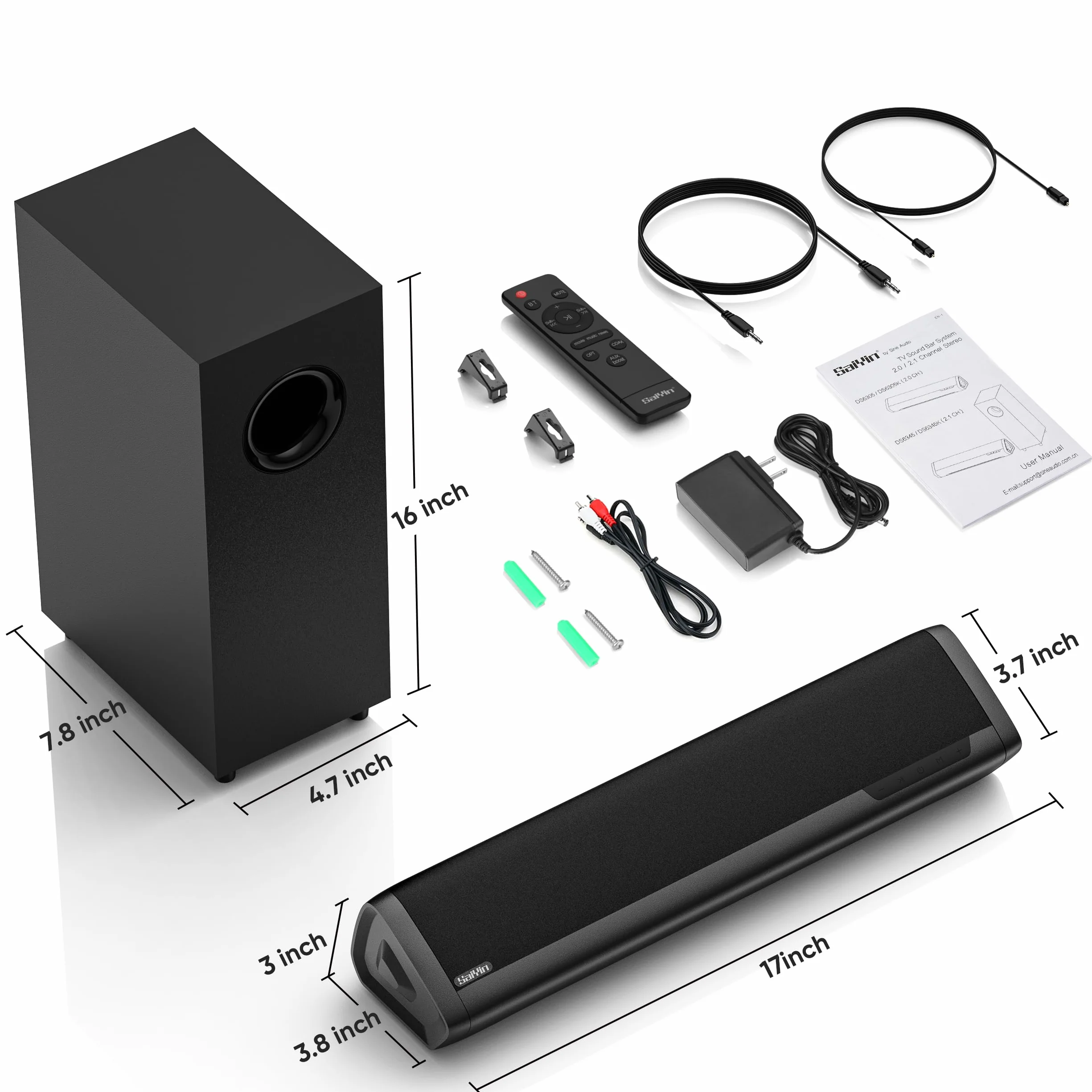 Saiyin Barre de Son 17 Pouces 2.1ch avec Caisson de Basses, Bluetooth/Optique/AUX pour TV