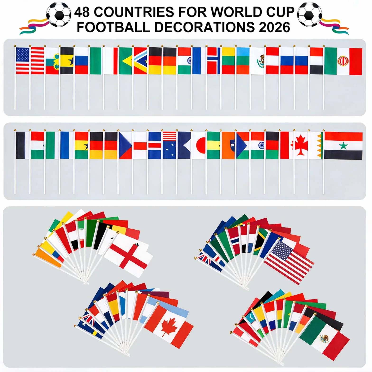 48 Drapeaux WM de football 2026 avec bâtons 14x21 cm Set supporters Coupe du monde 2026