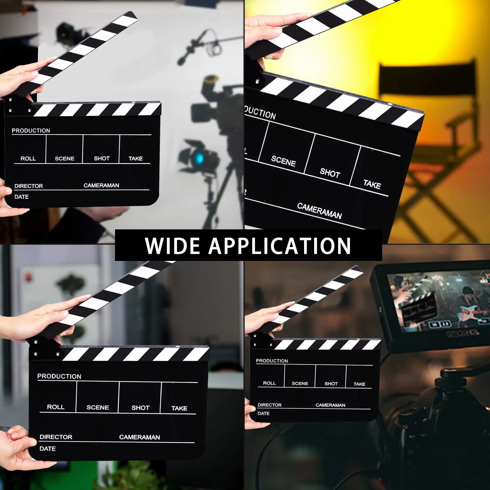 Acrylique Noir Clap Cinéma Film Action Scène Clapper Board Ardoise 30x24cm, Scènes D'action Cut Clapper Ardoise avec Perche pour Production Vidéo