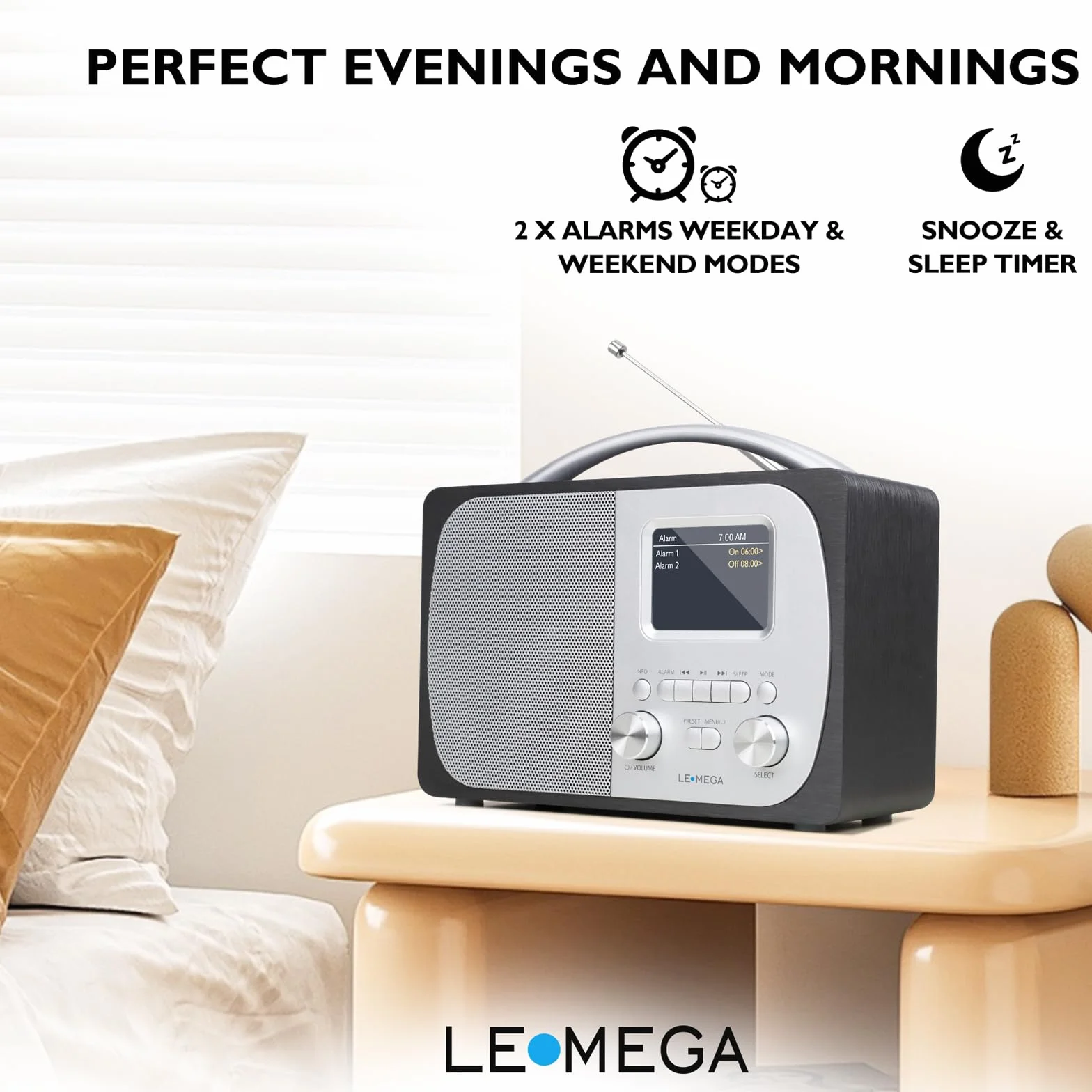 LEMEGA DR5 Radio Numérique DAB/DAB+ Bluetooth Réveil FM Secteur Piles Compacte Bois Métal Brossé
