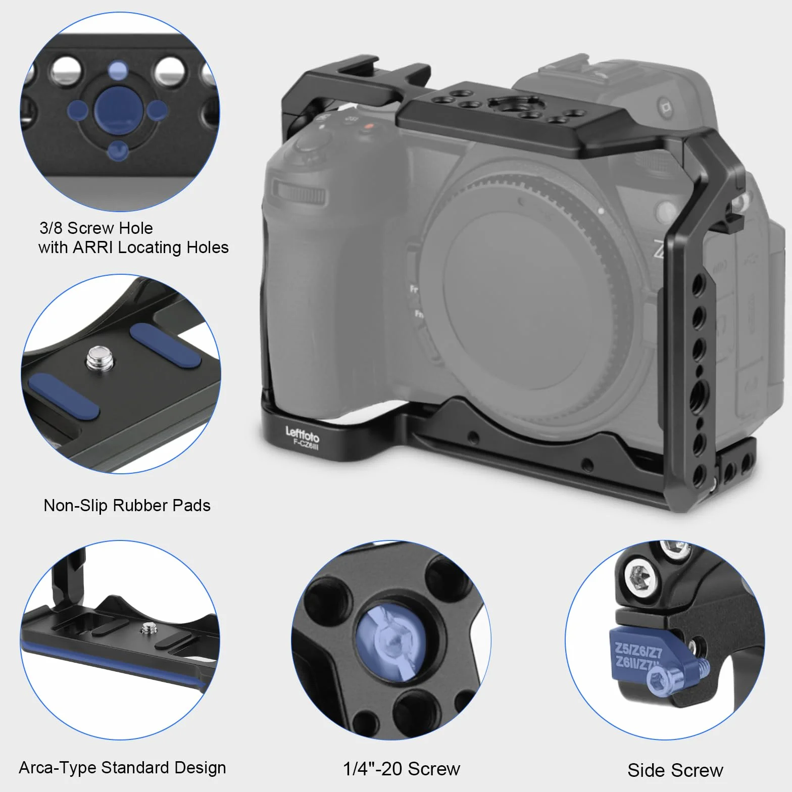 Leftfoto Cage pour appareil photo Nikon Z6III/Z5/Z6/Z7/Z6II/Z7II, cadre de protection avec base Arca, cage vidéo pour prise de vue vidéo Vlog