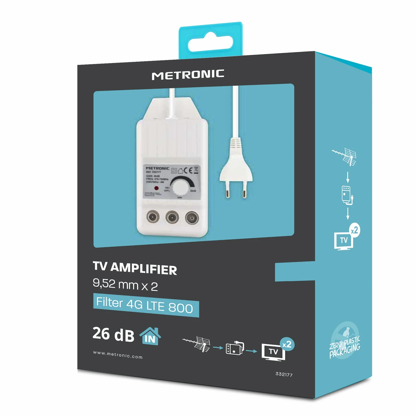 METRONIC Amplificateur d'Antenne TV Intérieure TNT 26 dB 2 Sorties Compatible 4G-5G Blanc