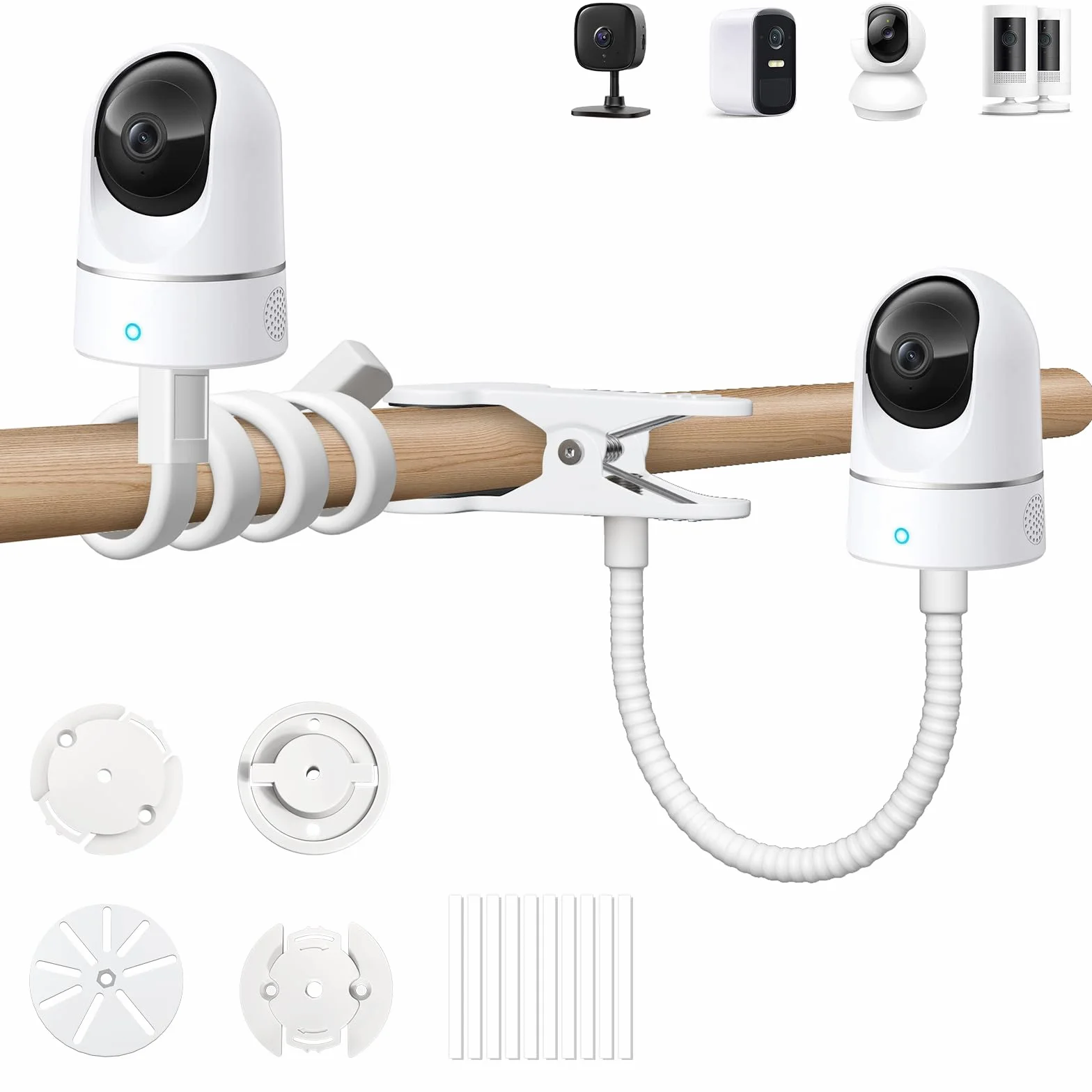 Support Flexible pour caméra pour Ring, Blink, Eufy, Google Nest, Wyze, Arlo et Autres caméras d'intérieur et d'extérieur avec Trou fileté 1/4, sans Outils ni dommages au Mur, Blanc