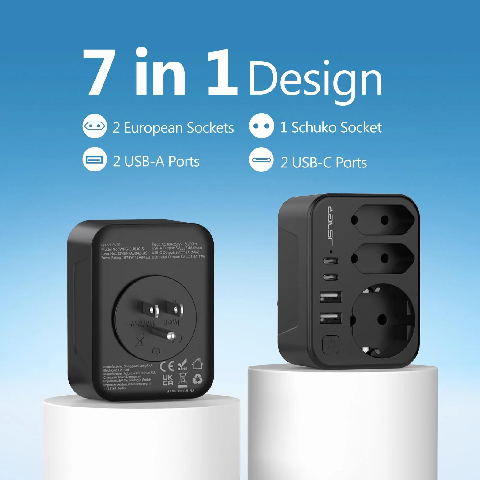 JSVER Adaptateur de Voyage 7 en 1 France vers États-Unis Canada 4 Ports USB 2A+2C Prises Type B Noir