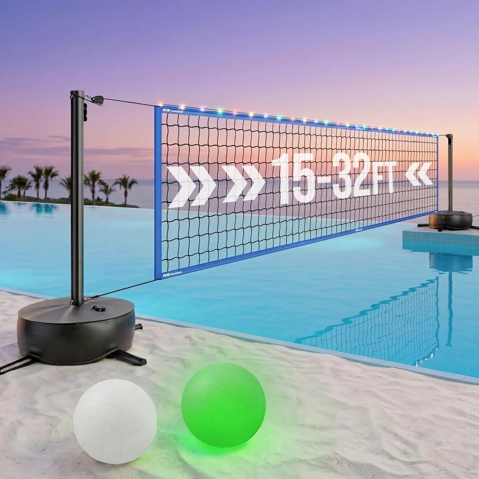 Haokelball Filet de Volleyball de Piscine réglable 4,6 m à 9,8 m avec 2 Ballons Pompe Sac