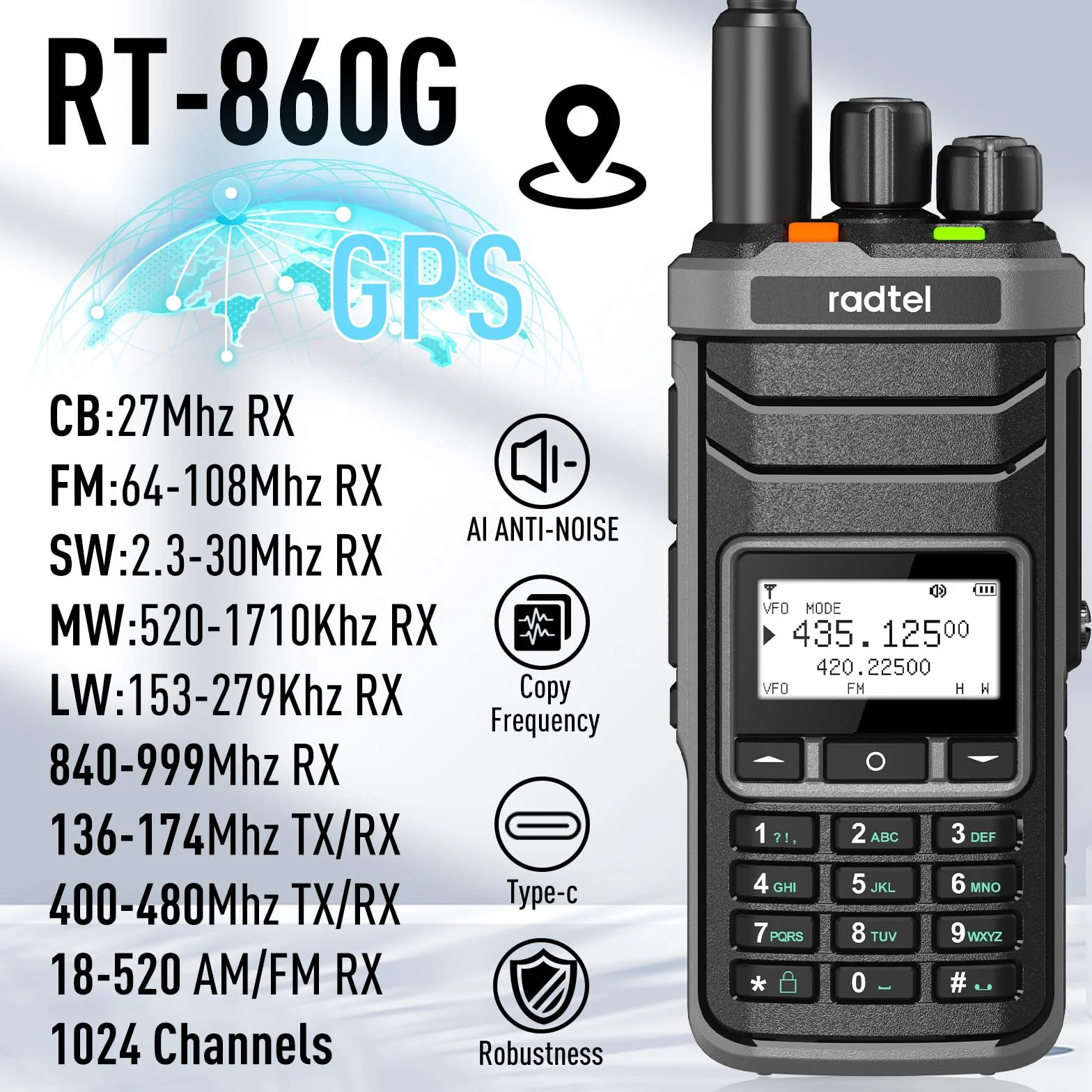 Radtel RT-860G Radio Ham multi-bande HF UHF VHF double bande avec réception AM USB LSB CW CB LW MW SW SSB 1024 canaux batterie 2000 mAh charge type C