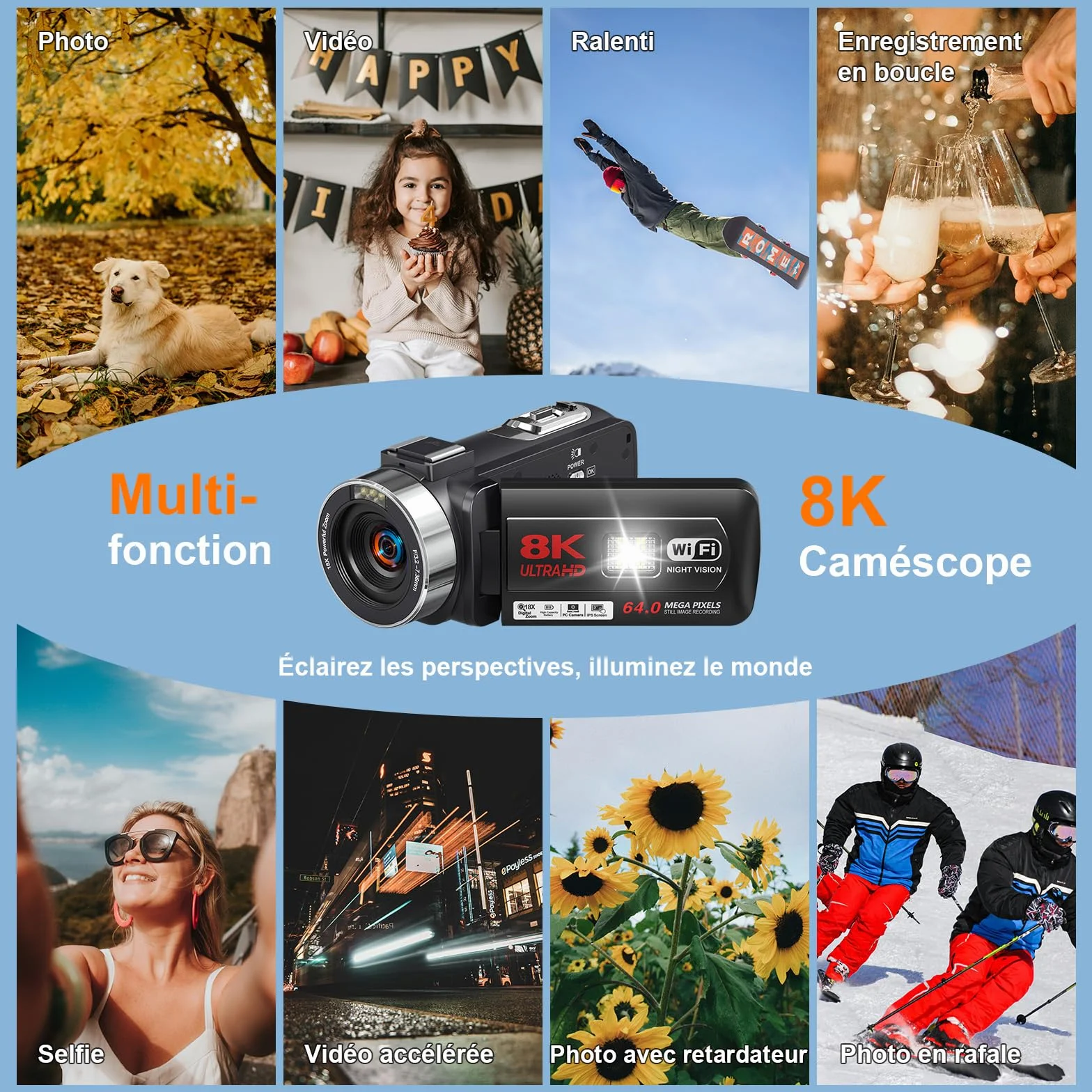 Caméscope Vidéo 8K 64MP Vlogging WiFi Vision Nocturne IR Écran Tactile 3" Zoom Numérique 18X avec Mic et Télécommande