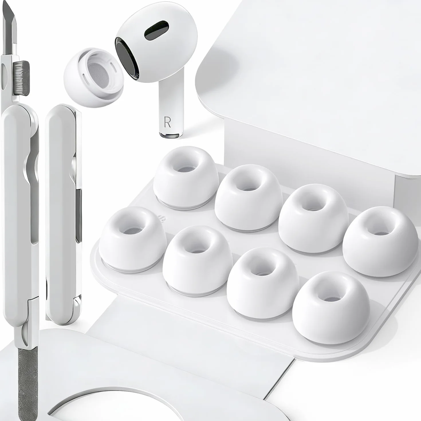 SIXFU Embouts de Remplacement Compatible AirPods Pro 1 & Pro 2 avec Boîte de Stockage et Kit de Nettoyage, Taille XS/S/M/L, Blanc