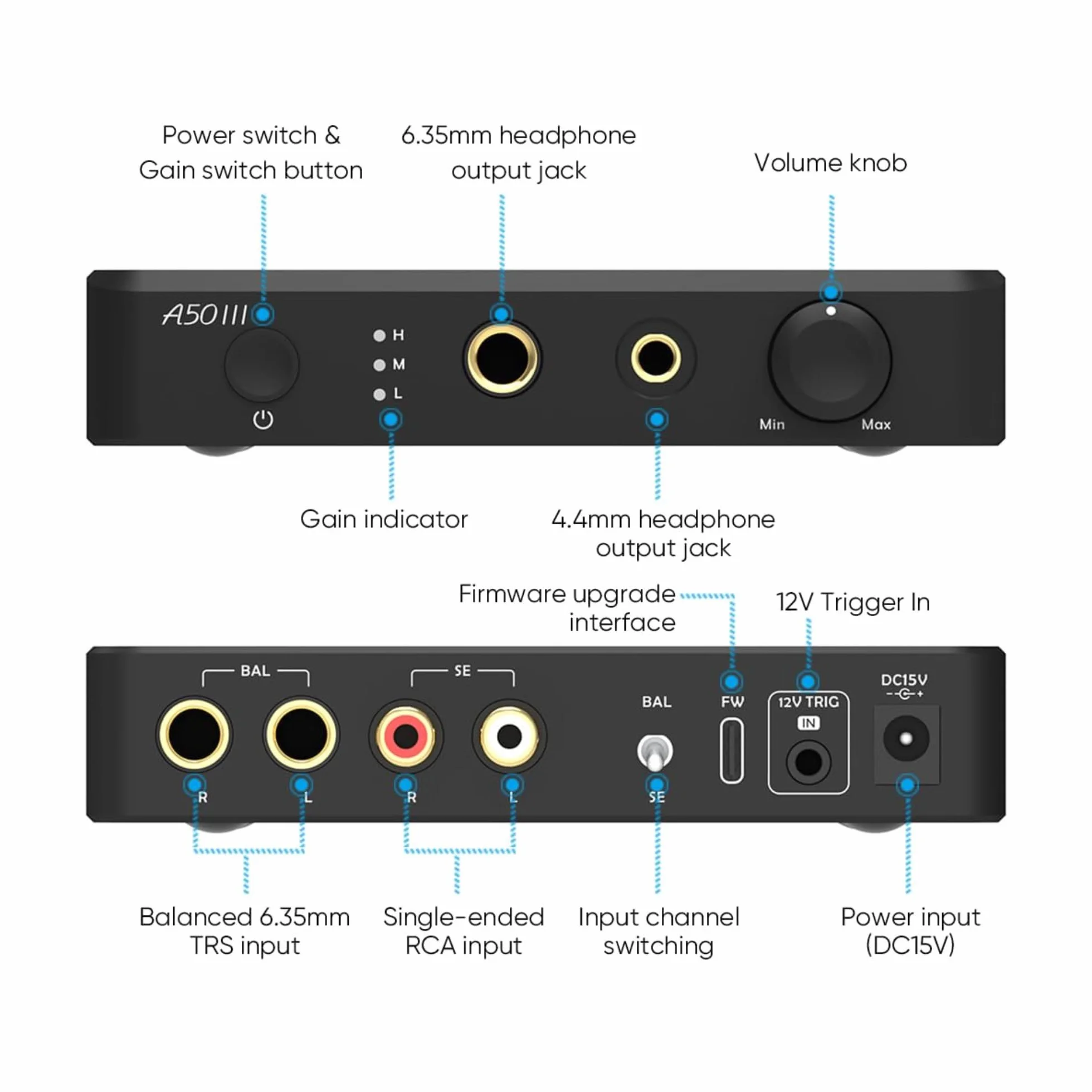 Topping A50 III NFCA Amplificateur de casque, 3500 mW x 3500 mW, RCA/TRS à 4,4 mm/6,35 mm, sortie écouteurs avec 3 réglages de gain, déclencheur 12 V pour IEM, noir