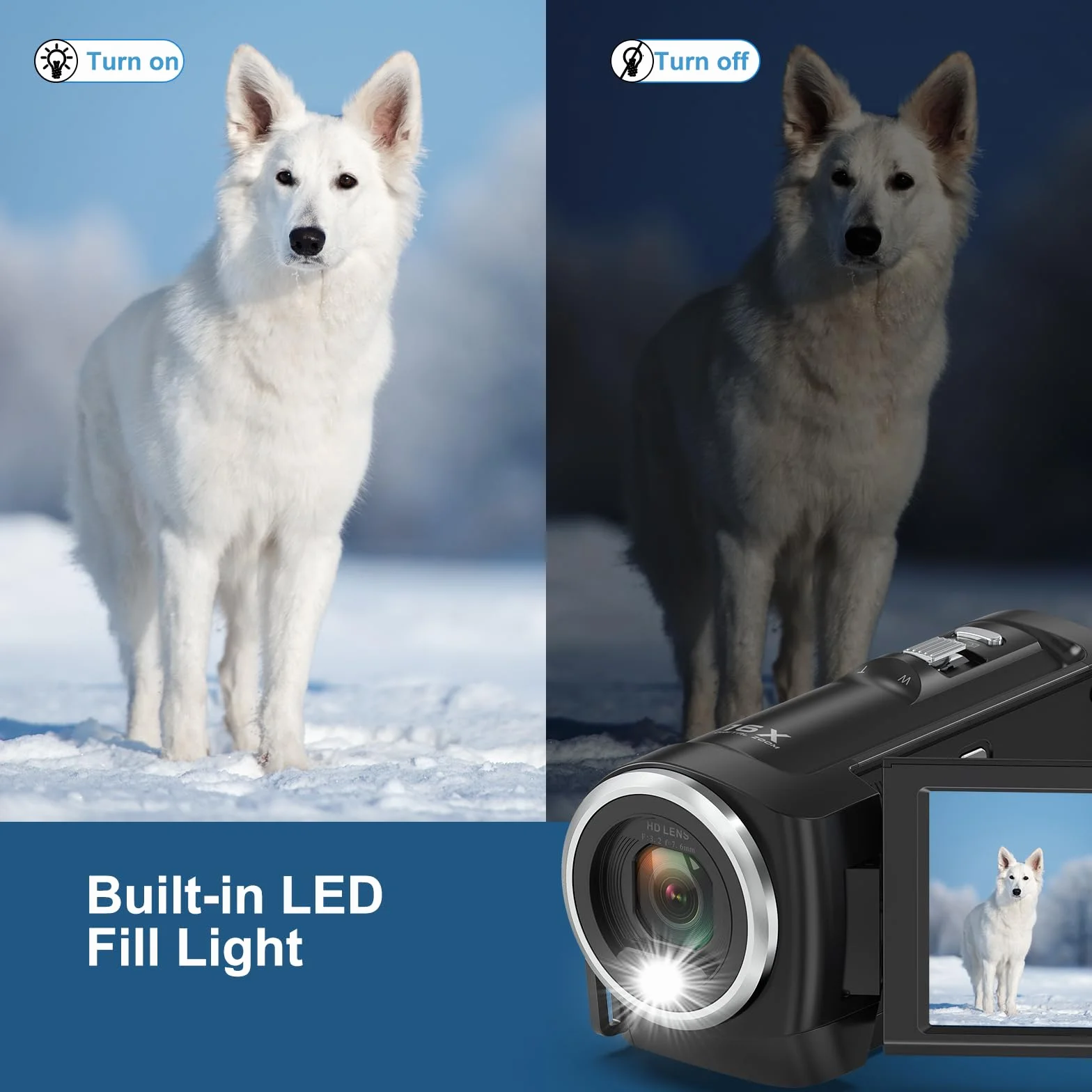 Caméra vidéo 2.7K 56MP avec éclairage LED, Zoom numérique 16X, Écran LCD 2,8", Carte SD 32 Go, 2 Piles