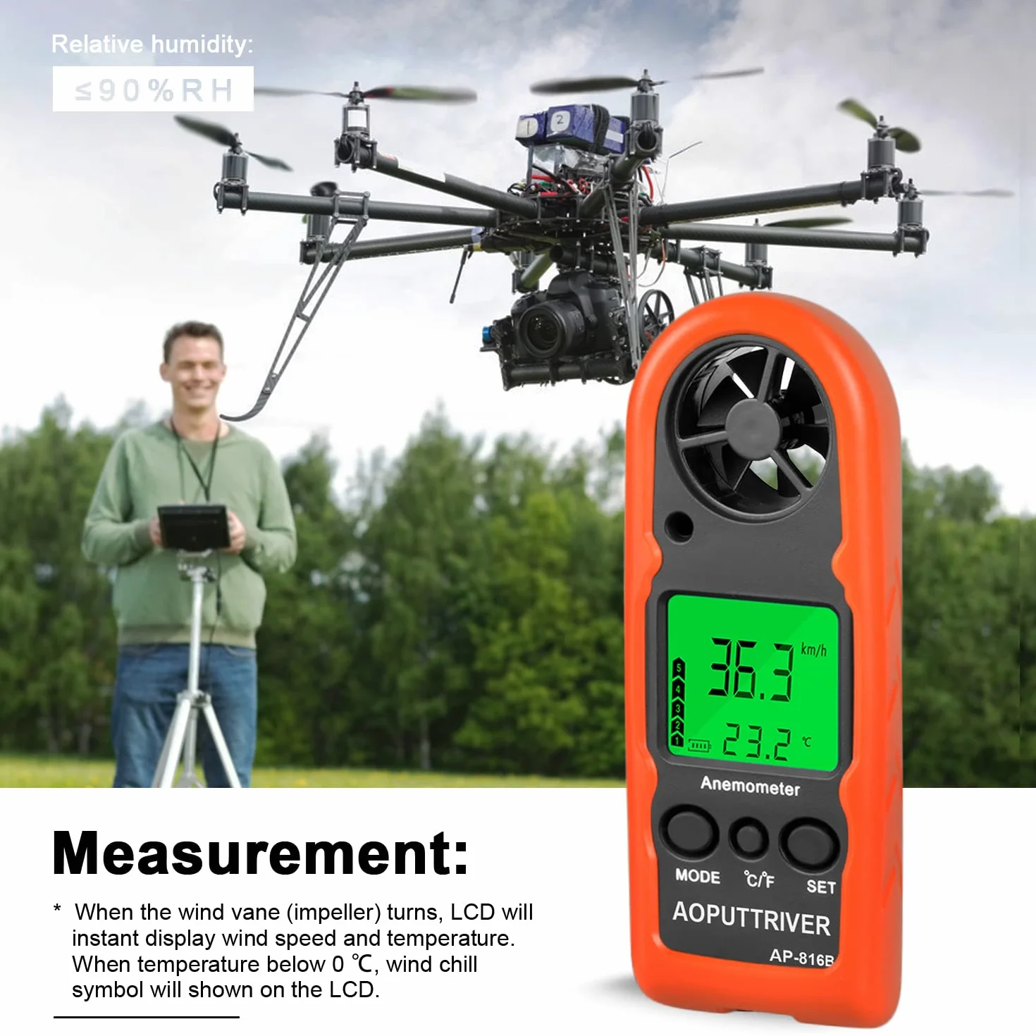 Anémomètre de poche AP-816B mesure vitesse du vent température max/min/courant pêche voile