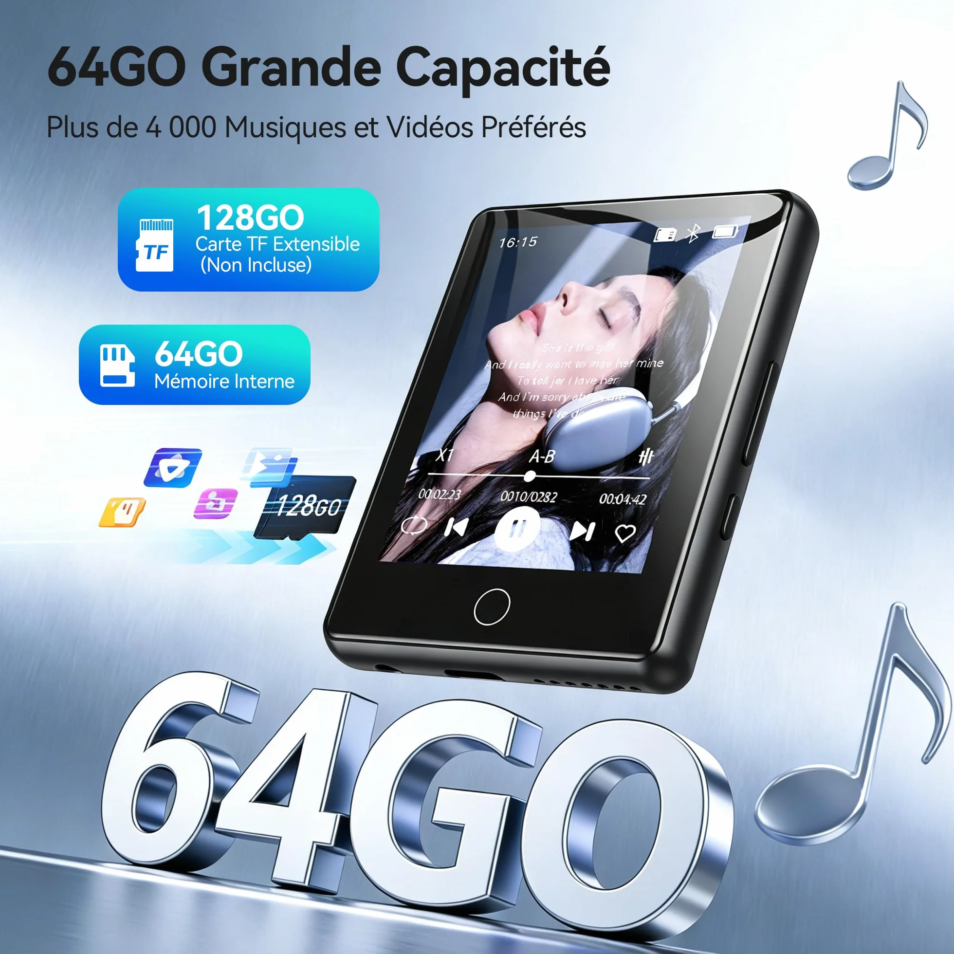 AGPTEK Lecteur MP3 Bluetooth 5.3 64Go, Baladeur Numérique 2.8" Écran Tactile HiFi Sport avec Haut-Parleur Radio FM Enregistreur