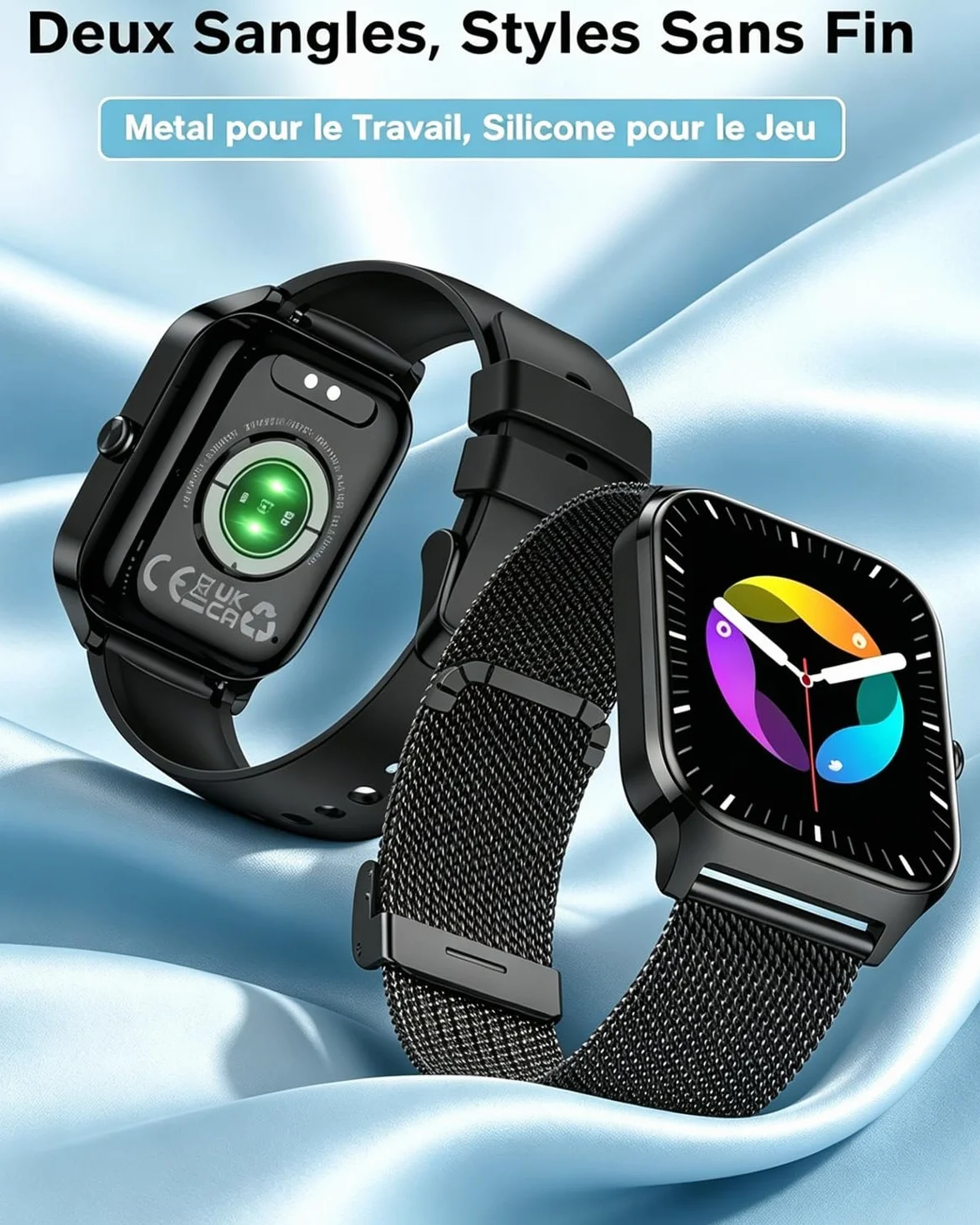 Popglory Montre Connectée pour Samsung Apple Android Phone, 1.85" Smartwatch Homme Femme avec Appel Bluetooth, Tensiomètre, Fréquence Cardiaque, SpO2, Stress, Sommeil, Podomètre, 100+ Sports, Cadeau