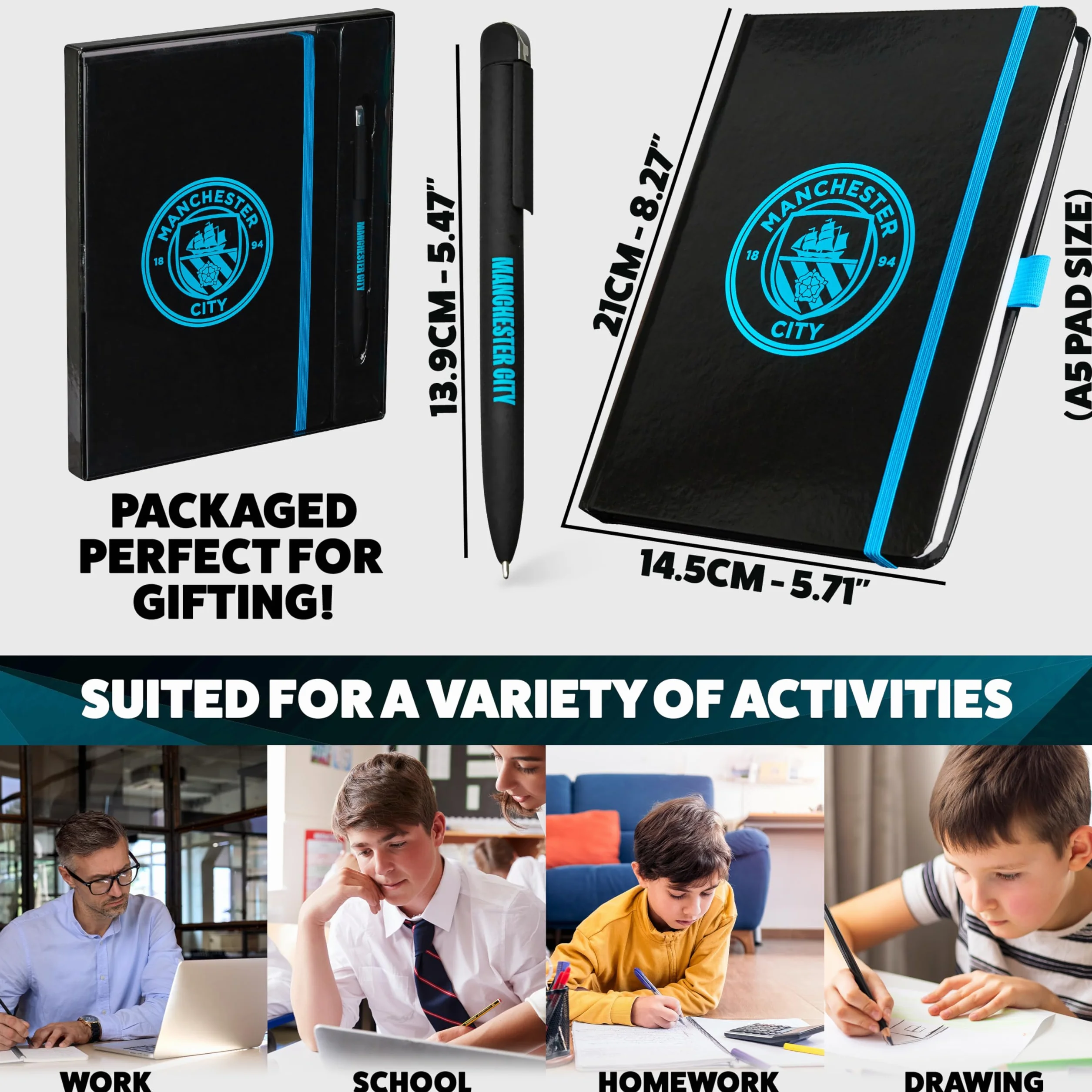 MANCHESTER CITY F.C. Set Papeterie Carnet de Notes A4 Stylo Noir Cadeau