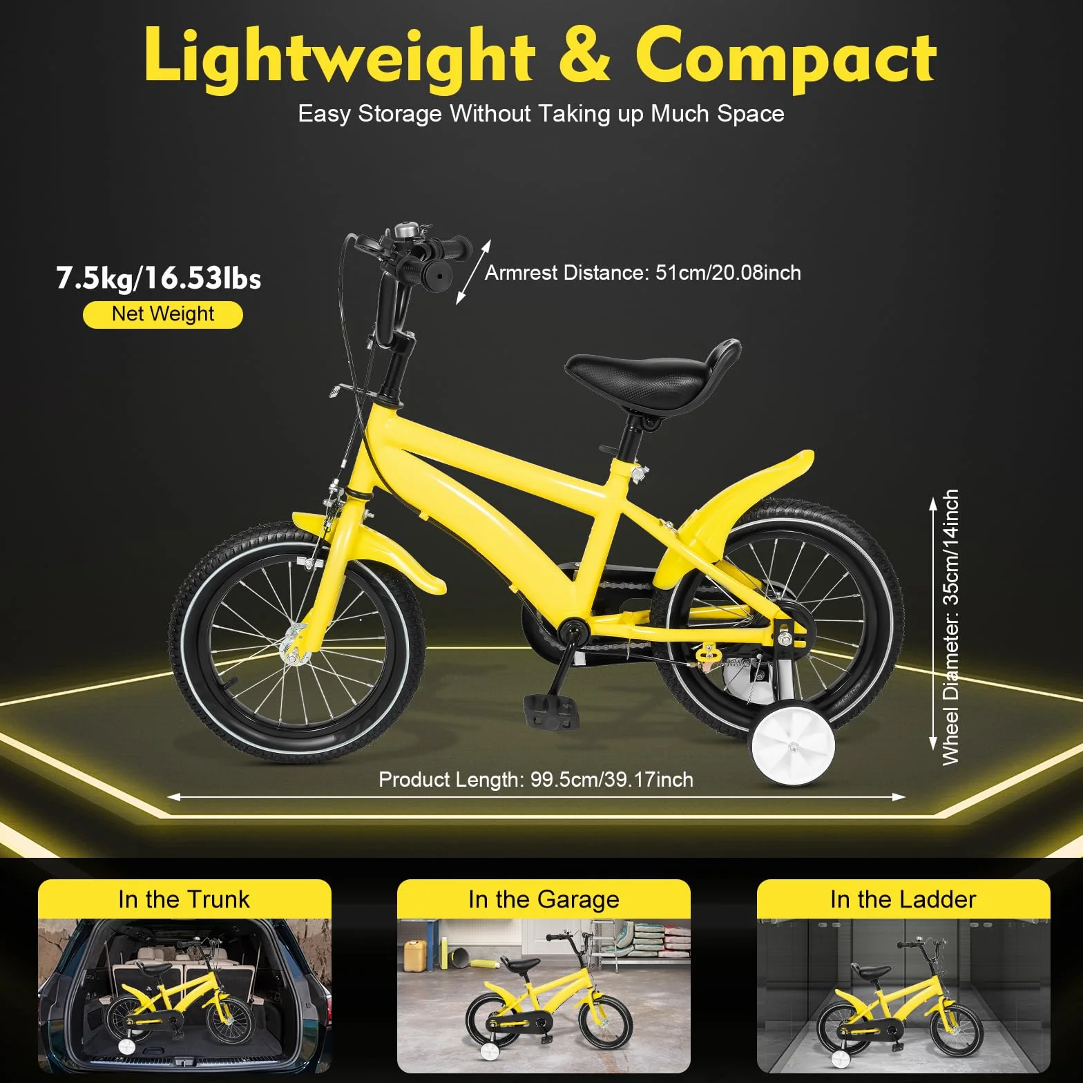 Vélo enfant 14 pouces roues stabilisatrices béquille siège réglable 55-66 cm