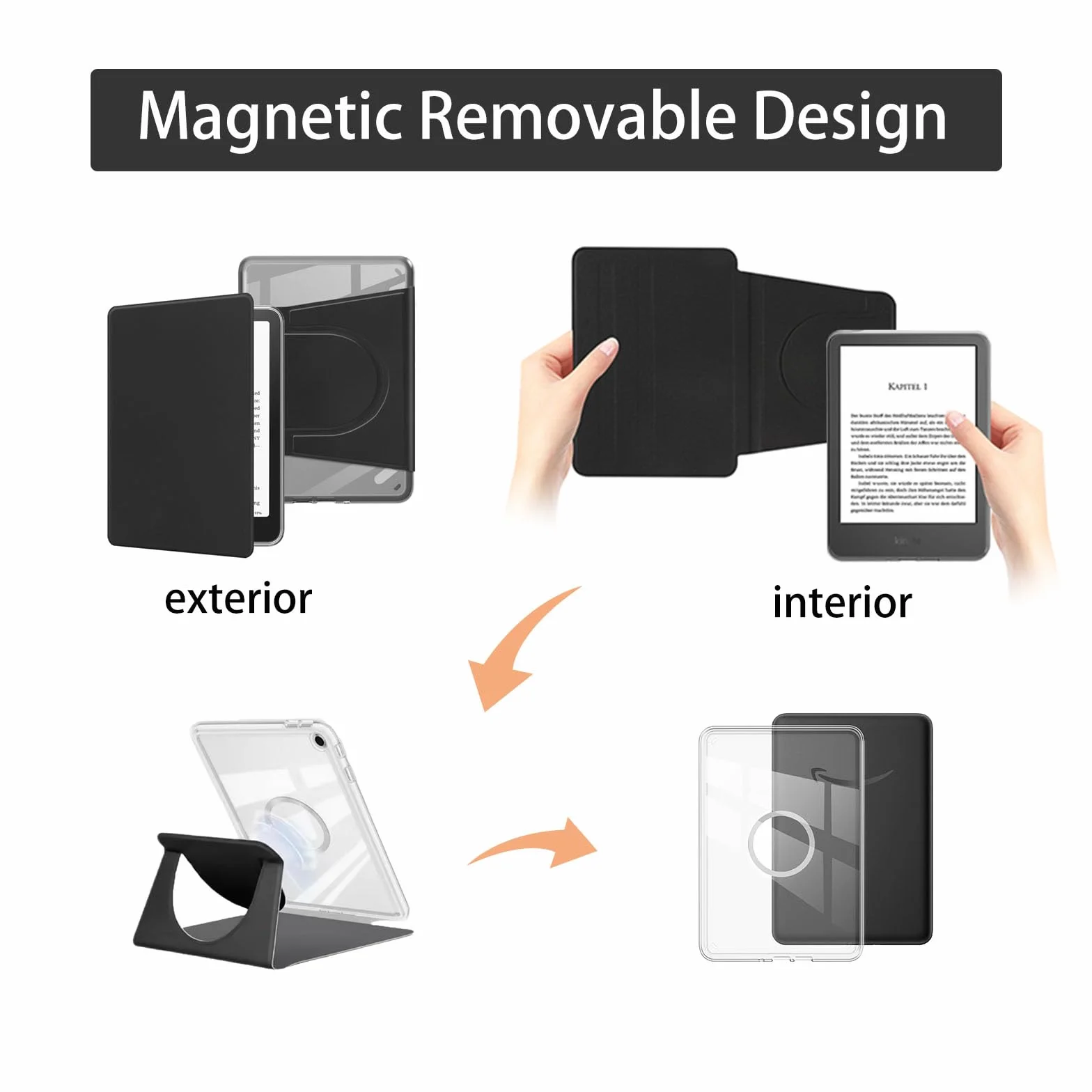 Coque pour Kindle 2024/2022, 360 Degrés 6" Etui Protection Liseuse 11. Generation, Magnétique Amovible Étui, Support Réglable Case, Transparent avec Mise en Veille/Réveil Pochette Housse, Noir
