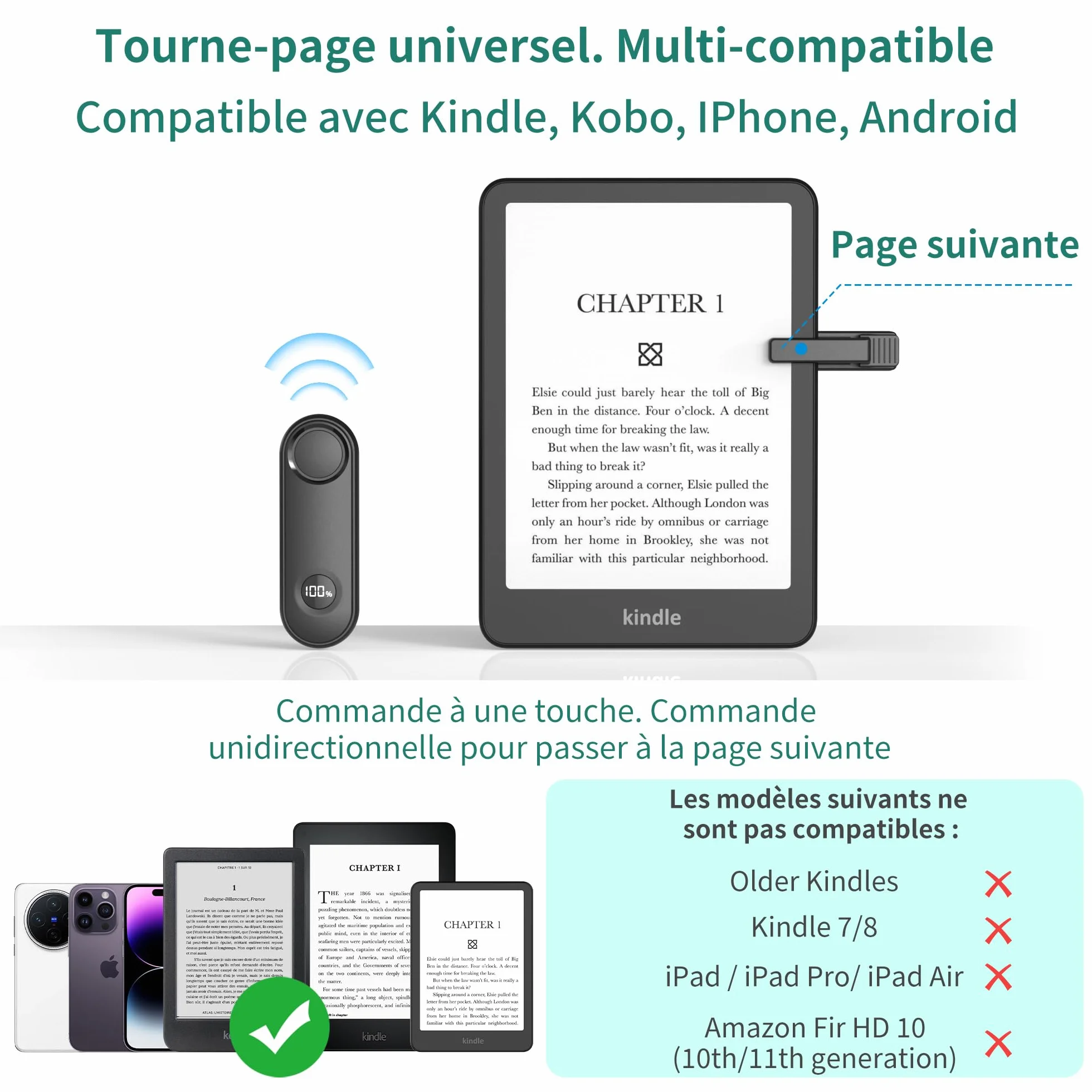 PlusAcc Télécommande Tourner pour Kindle – Support à col de Cygne pour Lire des Livres électroniques, Accessoire pour Tourner Les Pages au lit, adapté au Kindle Paperwhite/Oasis/Kobo