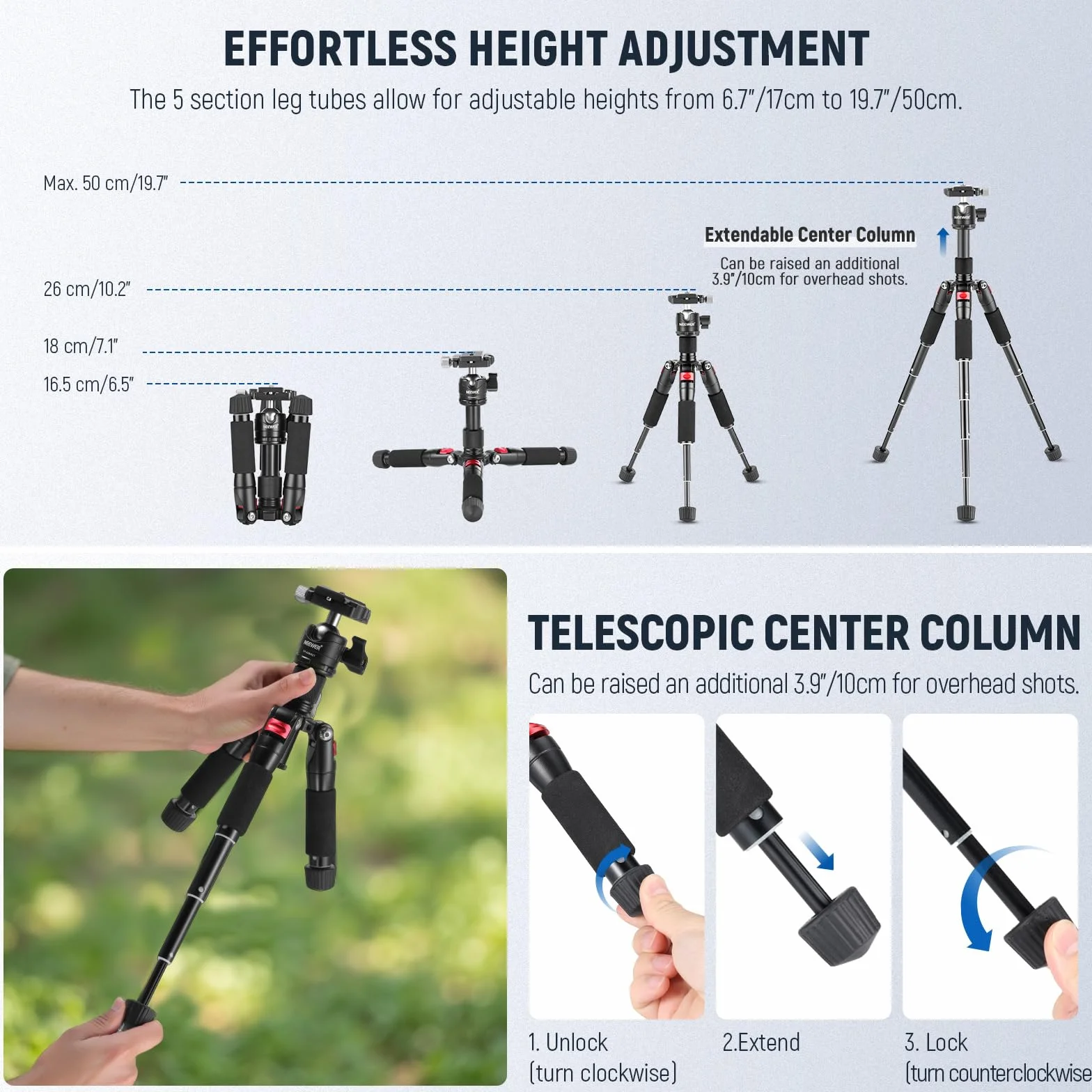NEEWER Mini Trépied pour Appareil Photo avec Rotule à 360° en Alliage d'Aluminium 20"/50cm 1/4" Plaque Rapide de Type Arca,Trépied de Voyage de Bureau Portable pour Caméscope DSLR, Charge Max:11lb/5kg