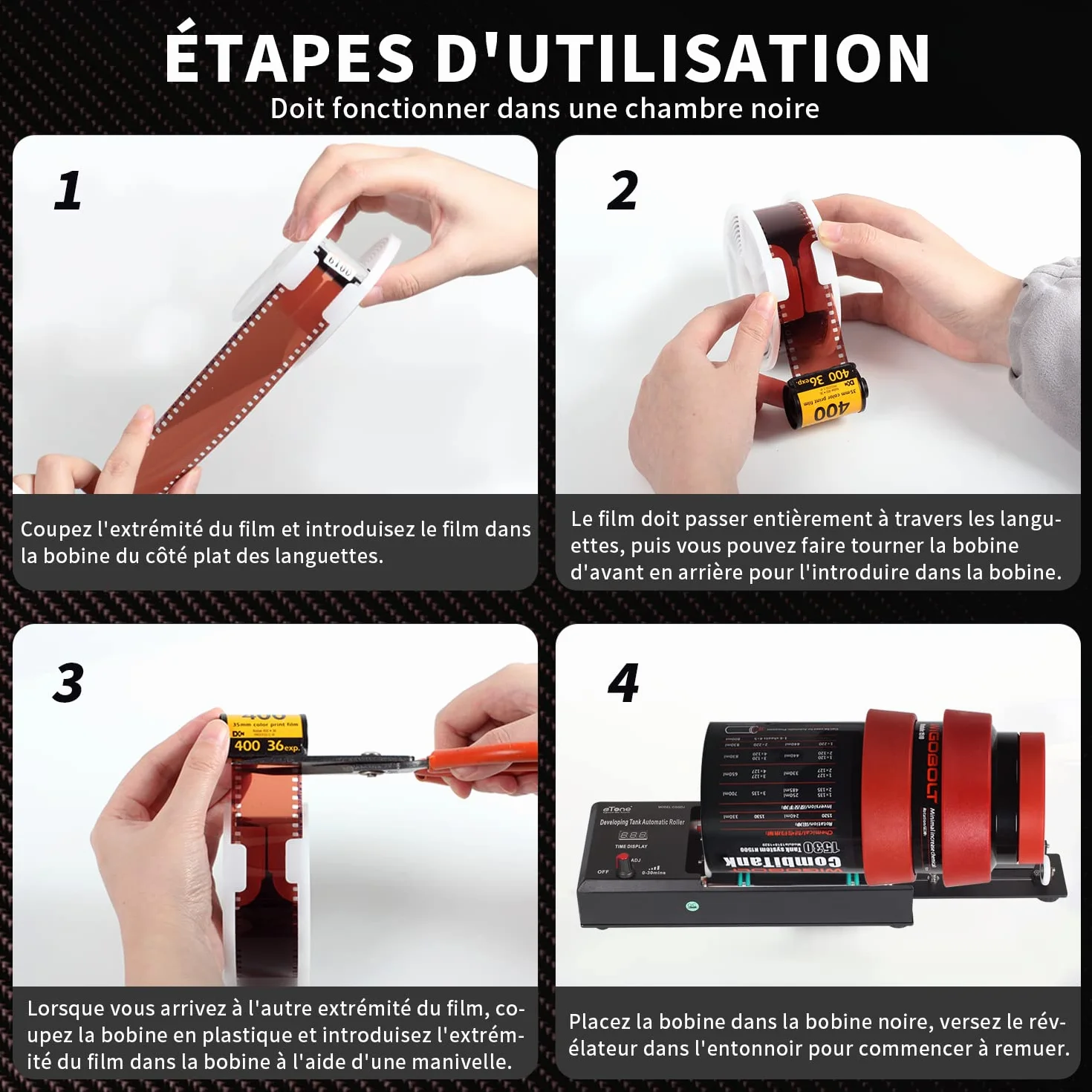 eTone Réservoir de développement Universel pour Chambre Noire avec 3 bobines en Spirale pour Le Traitement de 120 135 Rouleaux de Film N/B Équipement de Traitement de Film pour Appareil Photo