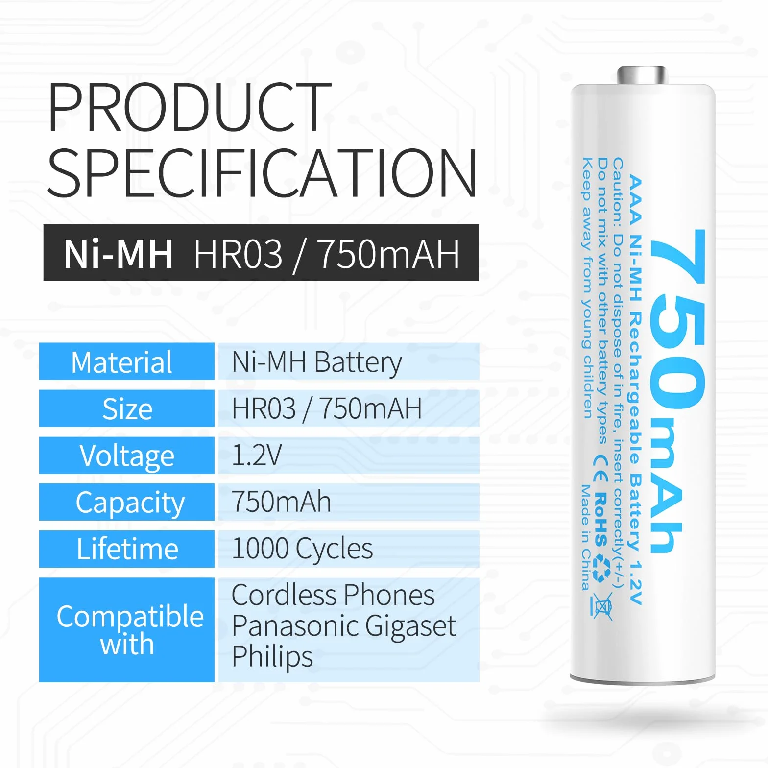 Batterie AAA HR03 de rechange compatible avec les téléphones sans fil Gigaset 750 mAh (4)
