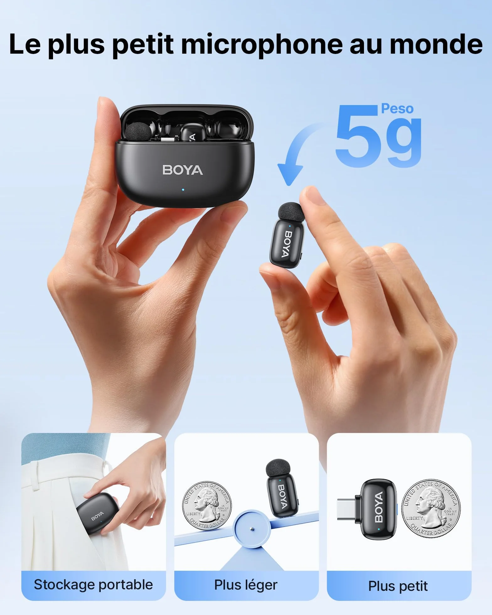 BOYA Mini 2 Micro Cravate sans Fil pour iPhone 15/16/17, Android, 5g, 48 kHz/24 Bit, Mini Micro sans Fil USB-C, Anti-Bruit 40dB, 100 m, 30 h, Microphone Lavalier Compact pour Interview, Streaming