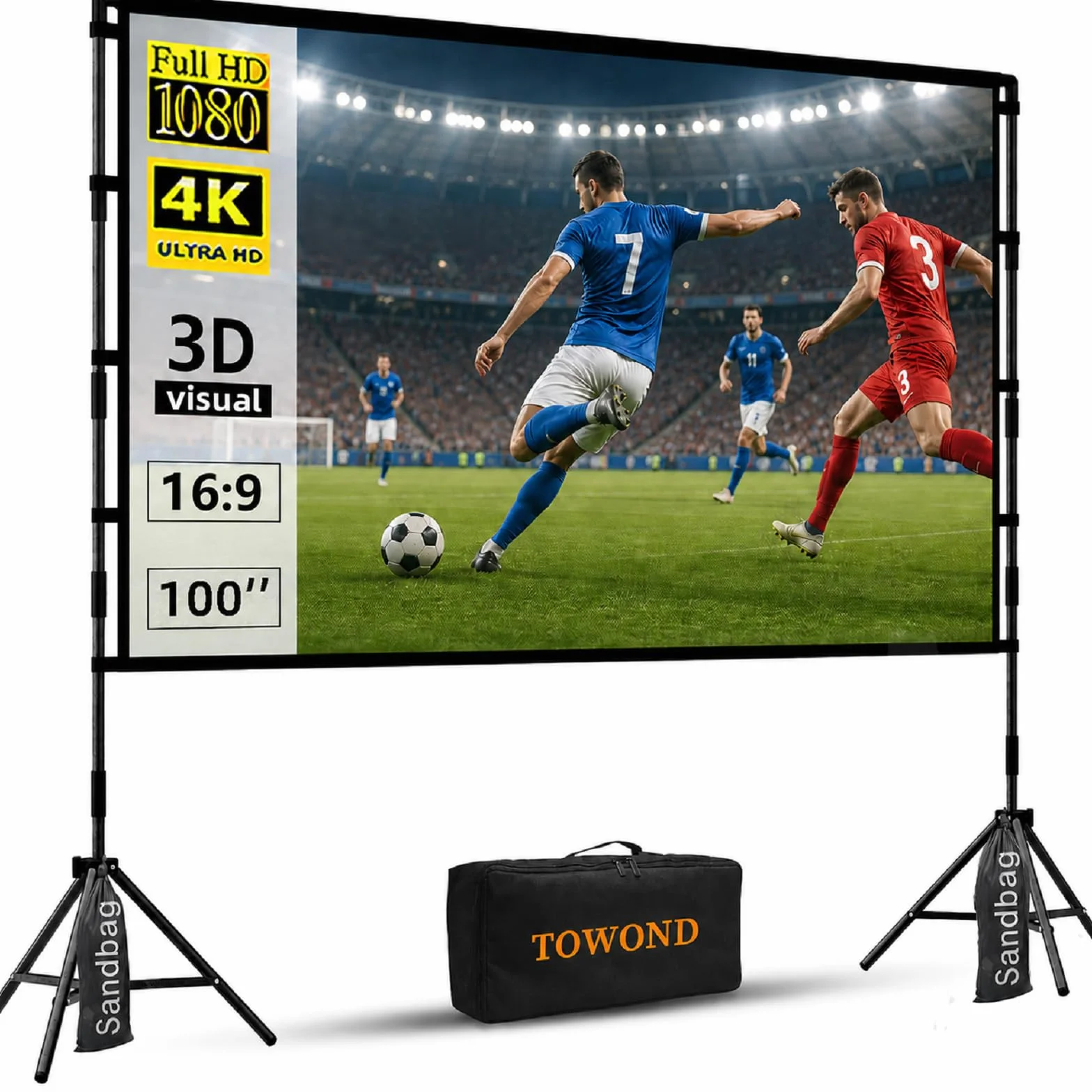 Towond Écran de Projection 100 Pouces 16:9 HD avec Support, Écran de Cinéma Extérieur Portatif