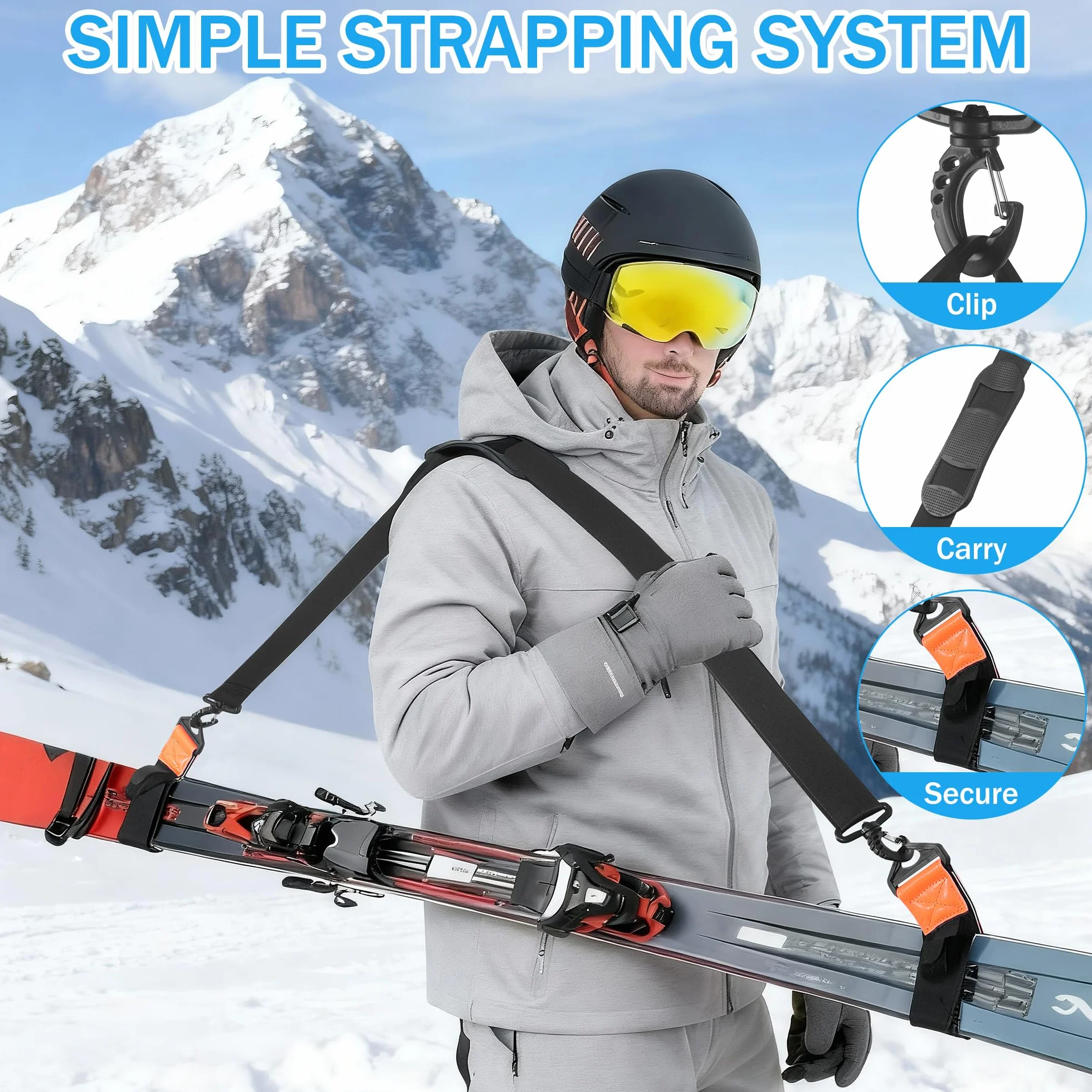 Sangle de Transport pour Skis Réglable 79-130cm, Porte Ski Dorsal avec Bretelle Confort