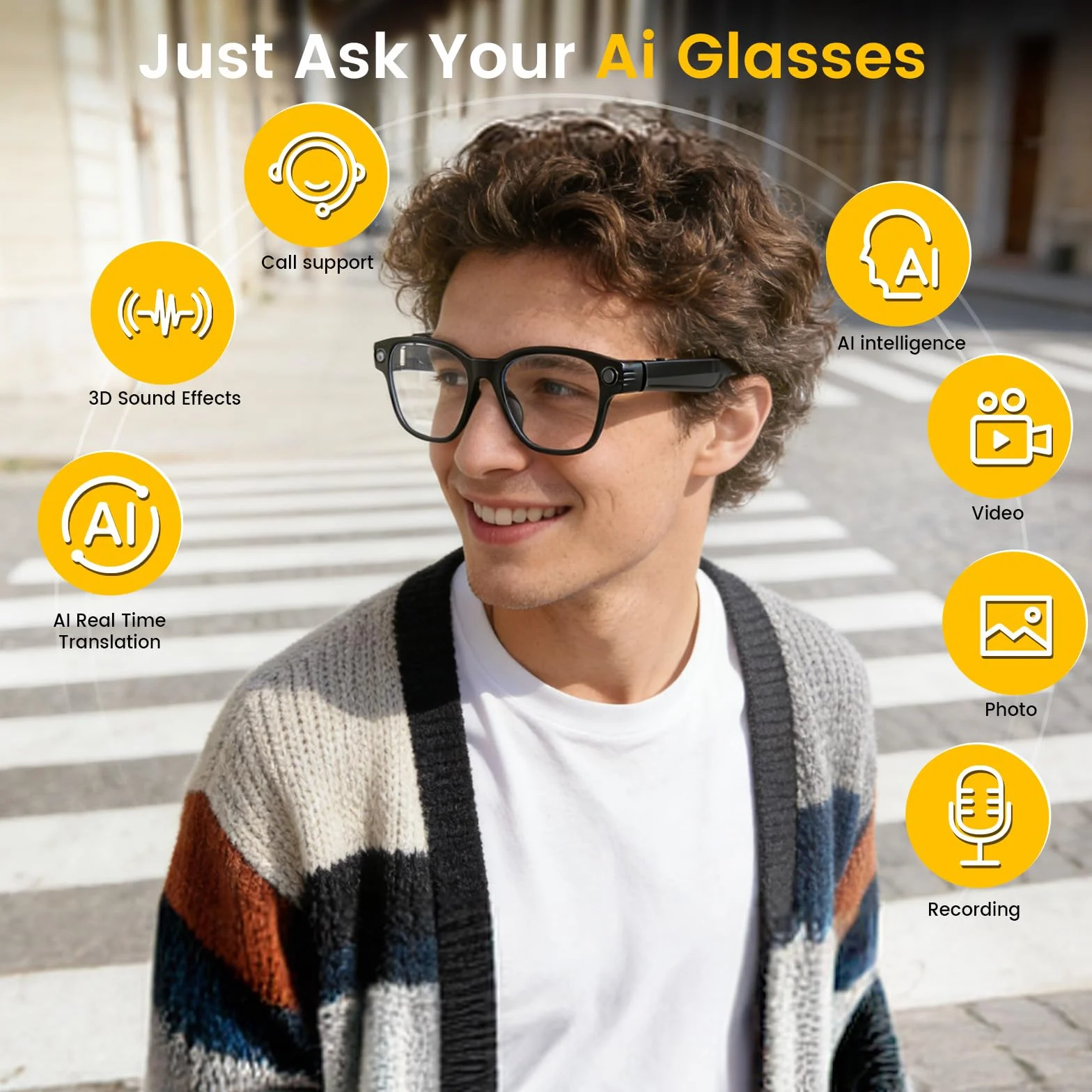 AI Lunettes Connectées Caméra 8MP, avec Stabilisation d'image, Enregistrement Photo/Vidéo/Audio, Traduction Temps Réel, Assistant Vocal, Reconnaissance d'Objets pour Voyage et Travail