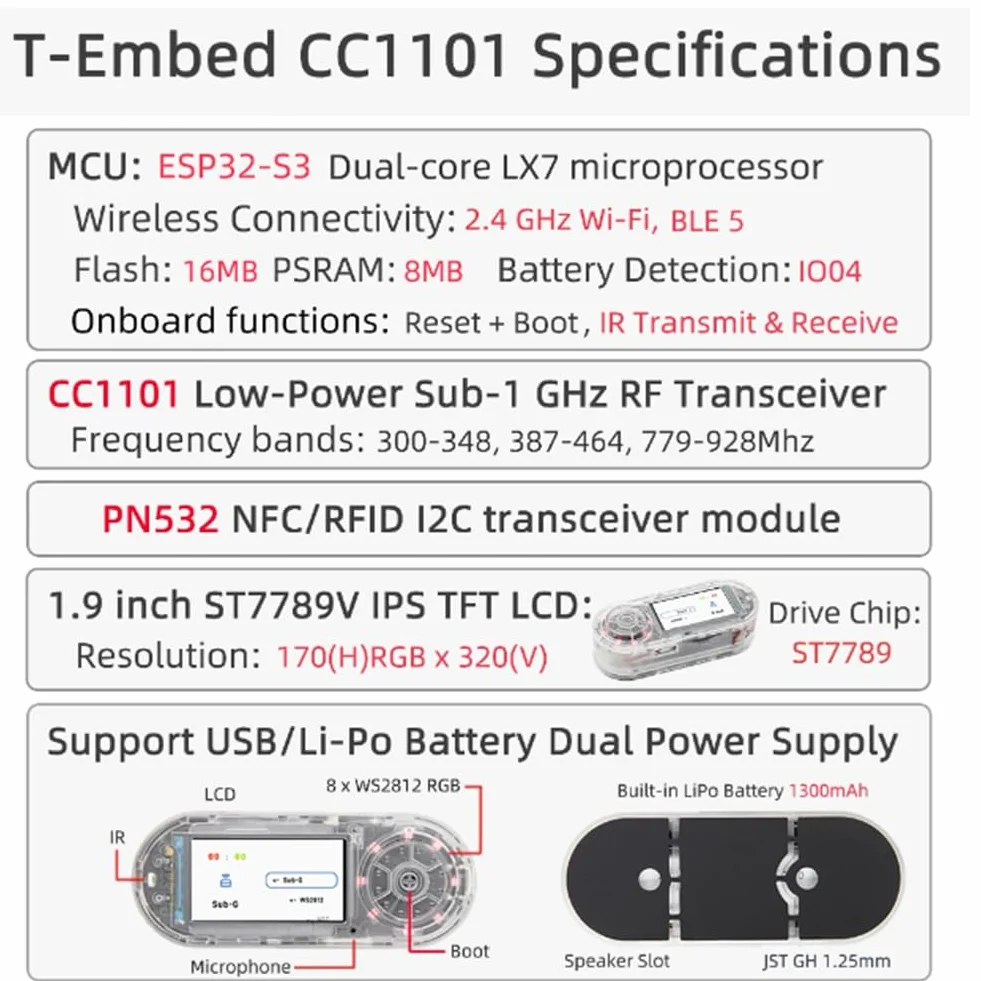 Osmond T-Embed ESP32-S3 CC1101 Sub-1 GHz Émetteur-Récepteur PN532 NFC RFID Module LCD Batterie 1300 mAh