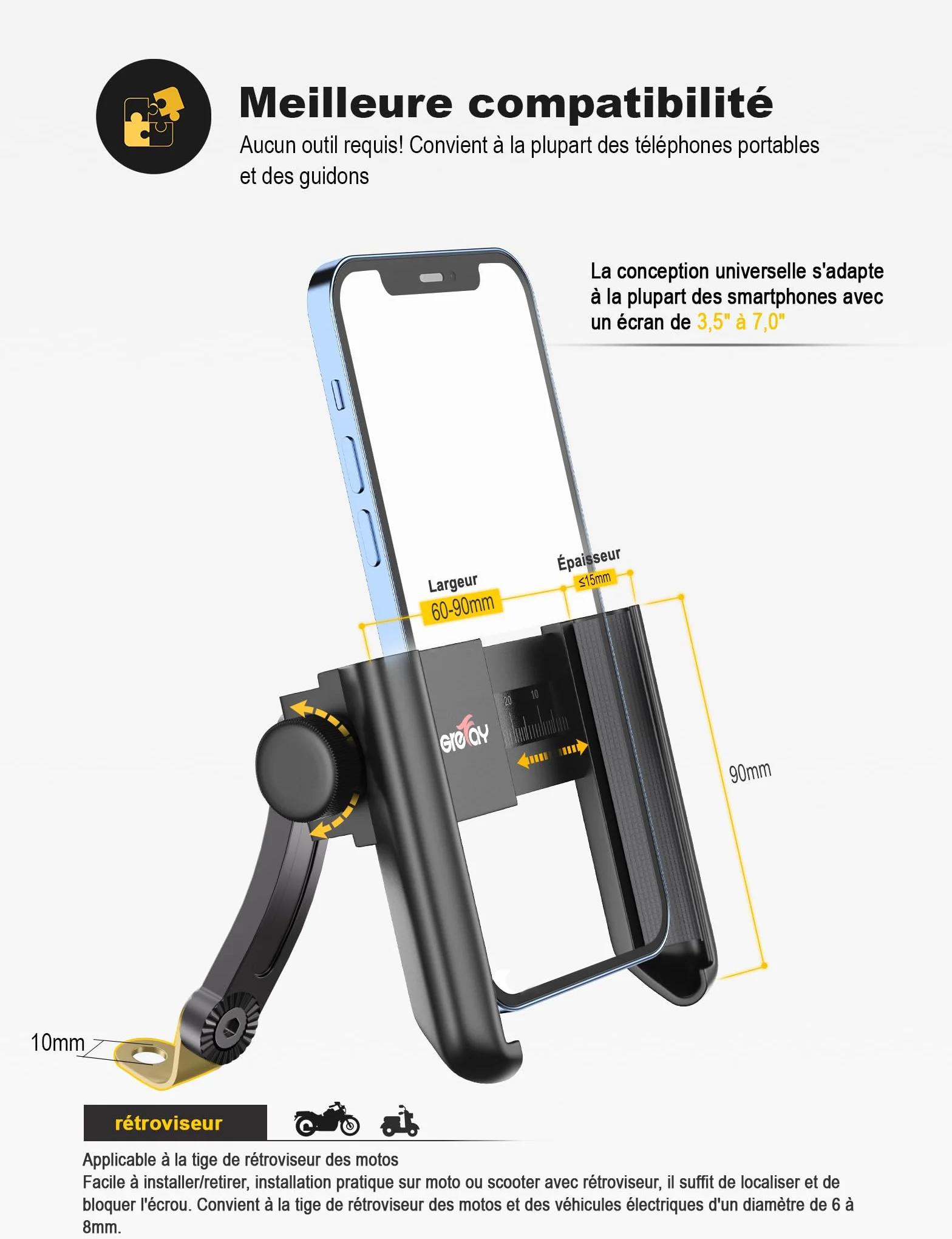 Grefay Support Téléphone de Moto Support Téléphone Scooter Rotatif à 360° Libération Rapide Support Moto Telephone pour 3,5 à 7,0 Pouces Smartphones Appareils