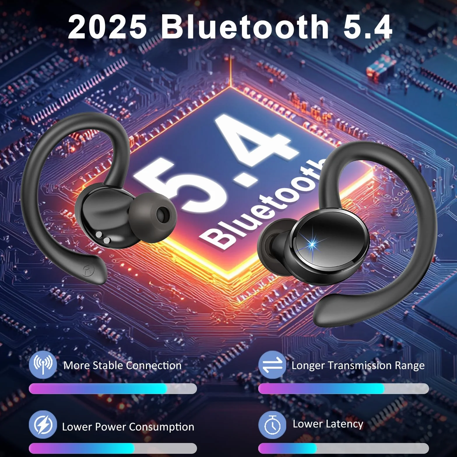 Matast Écouteurs sans fil de sport, 50H Casque sans fil Bluetooth, 2026 Casques sans fil Bluetooth, écouteurs Bluetooth 5.4 HiFi stéréo