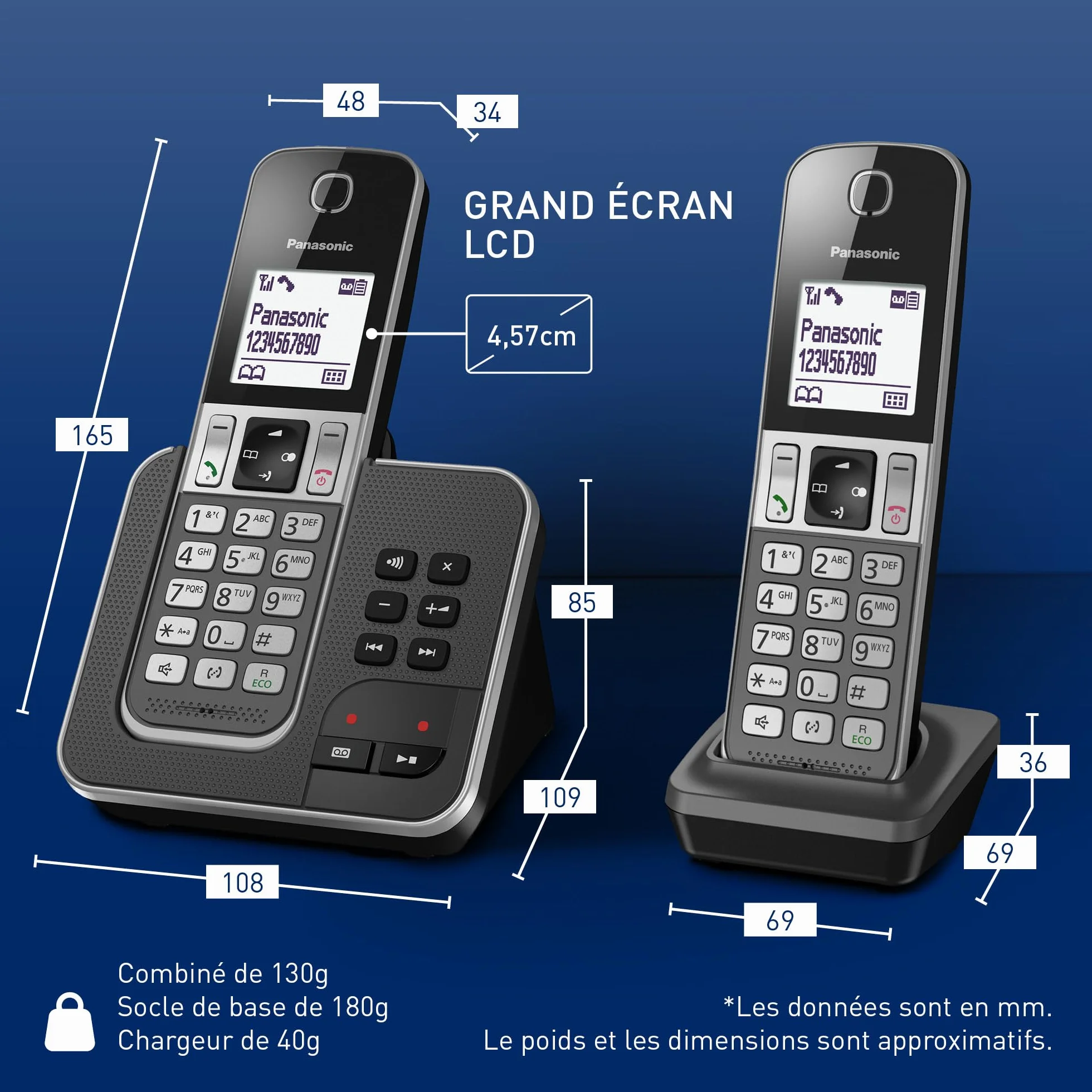 Panasonic KX-TGD322 Téléphone sans Fil Répondeur Écran Noir
