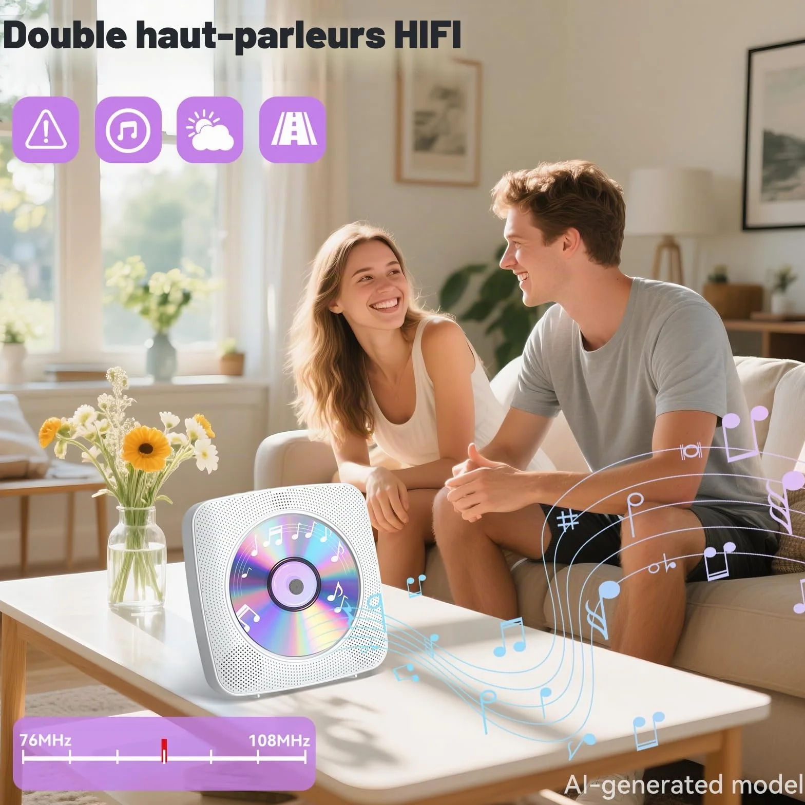 Gueray Lecteur CD Portable Bluetooth 1800mah Lecteur CD de Bureau pour la Maison Lecteurs CD avec Deux Haut - parleurs Télécommande Housse Anti-poussière Affichage Radio FM Minuterie USB Aux-Blanc