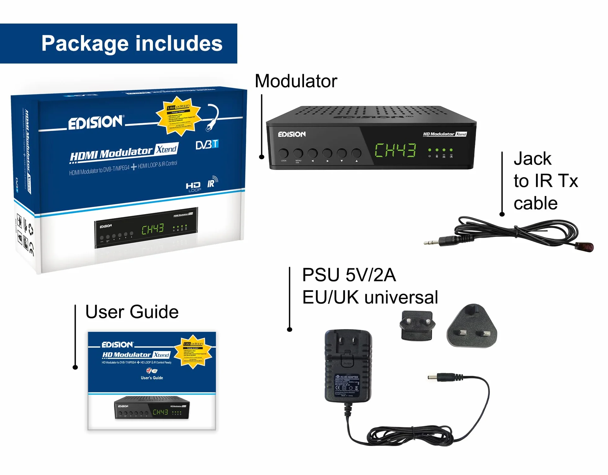 Edision HDMI Modulator Xtend Lite, Full HD MPEG4, HDMI-Loop Out, RF-in, 50 ID Fonction de pré-Configuration, Noir