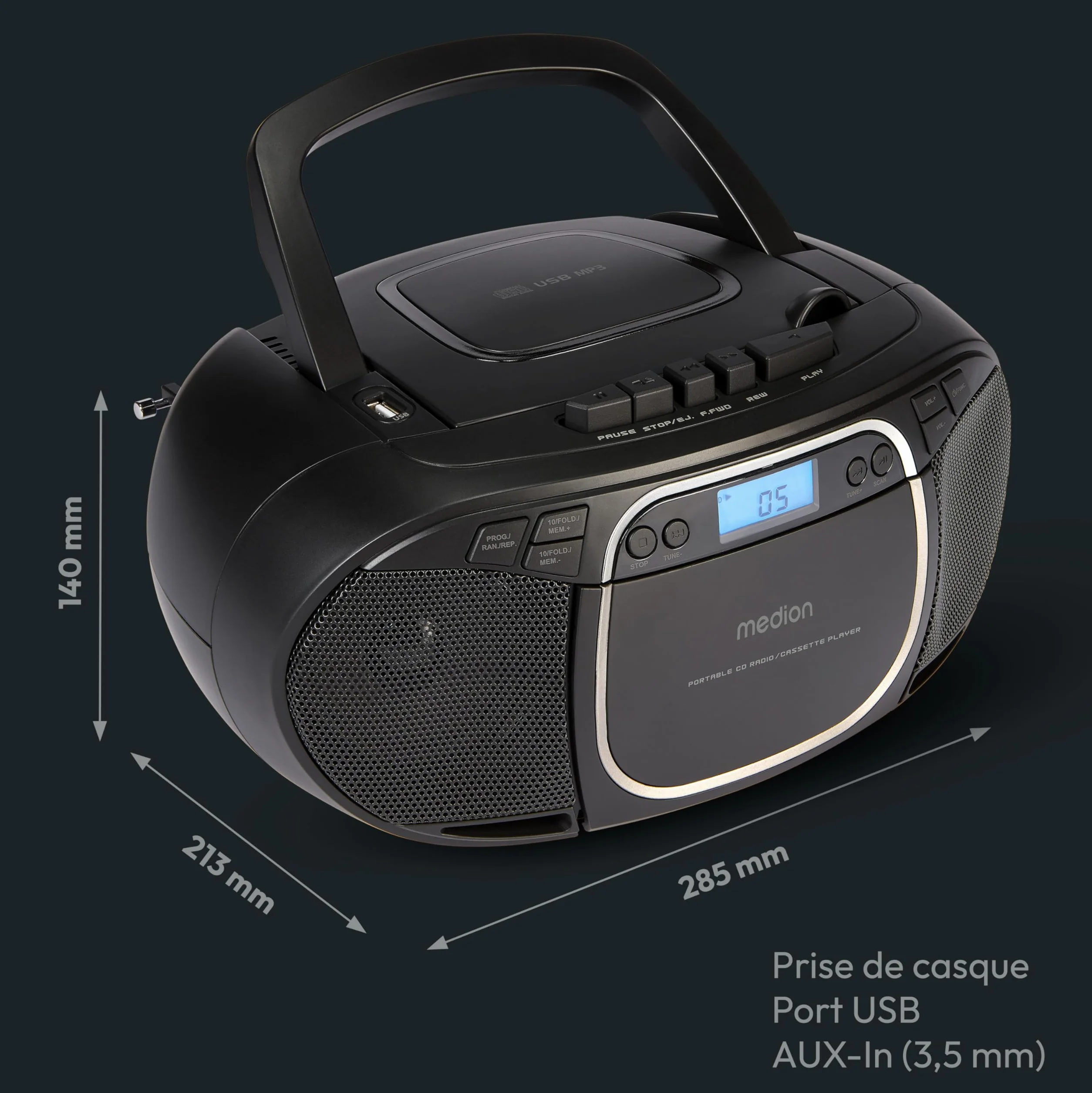 MEDION E66476 Stereo Sound System Boombox CD MP3 Cassette Radio FM AUX Noir