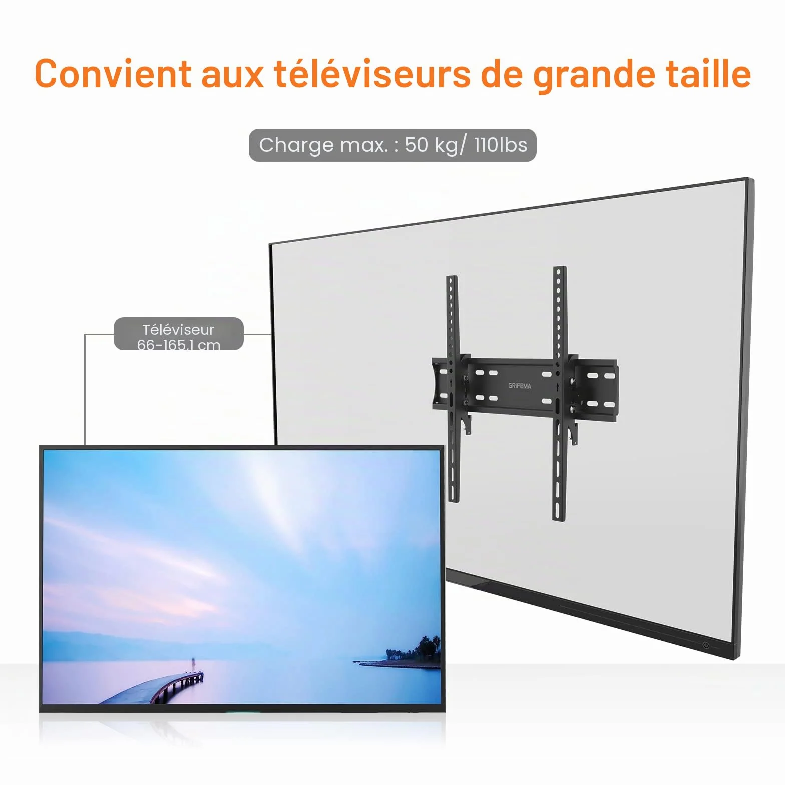 GRIFEMA Support Mural TV 26-65 Pouces - Fixation Murale TV Peut Contenir Jusqu'à 50KG, Accroche Television Mural Inclinable (± 15°) et Étend, Support Vesa 400x400mm Universel pour TV Plat / Incurvé