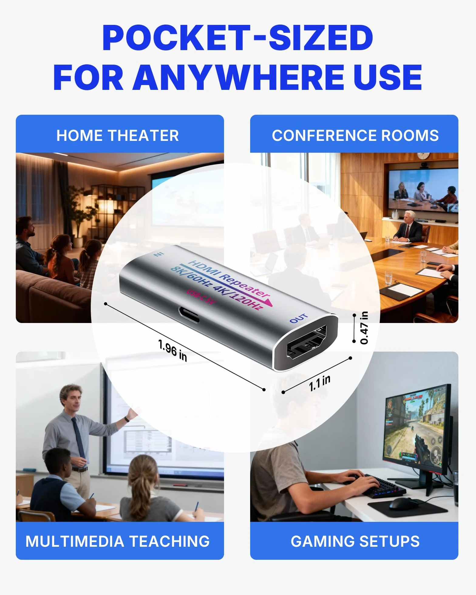 Amplificateur de signal HDMI 8K 2.1, 8K@60Hz/4K@240Hz, étend HDMI 1080p jusqu'à 50m, HDCP 2.3