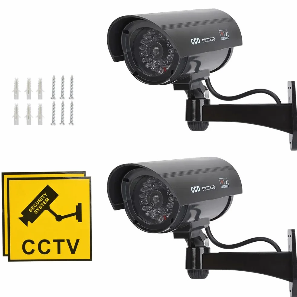 2PCS Caméra de Surveillance Factice Caméra Factice CCTV avec LED Lumière Clignotante étanche Noire Fausse de Sécurité Caméra avec Vis d'Autocollants d'Avertissement Fixé Au Mur