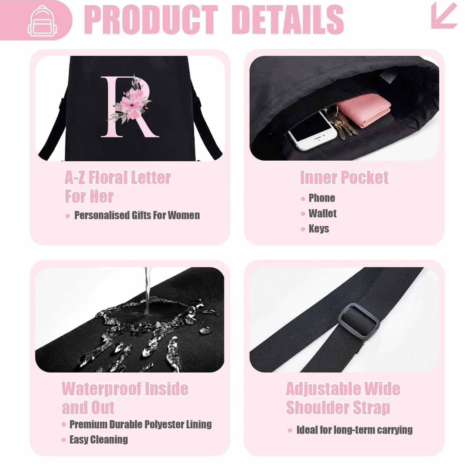 Sac à dos personnalisable imperméable 4 en 1 avec initiale florale, Noir, L