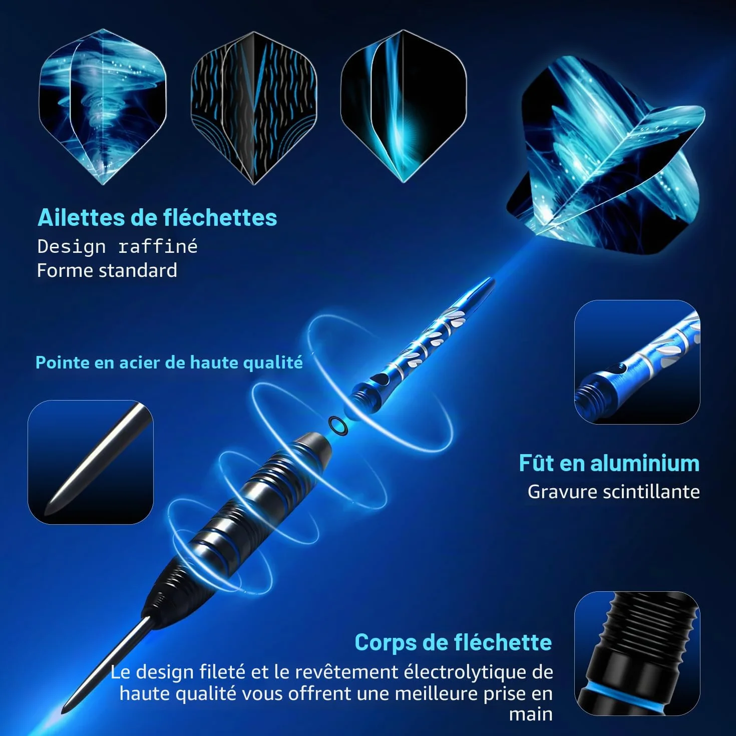 Lot de 3 fléchettes professionnelles à pointe en acier 22 g avec ailettes, tiges aluminium, étui