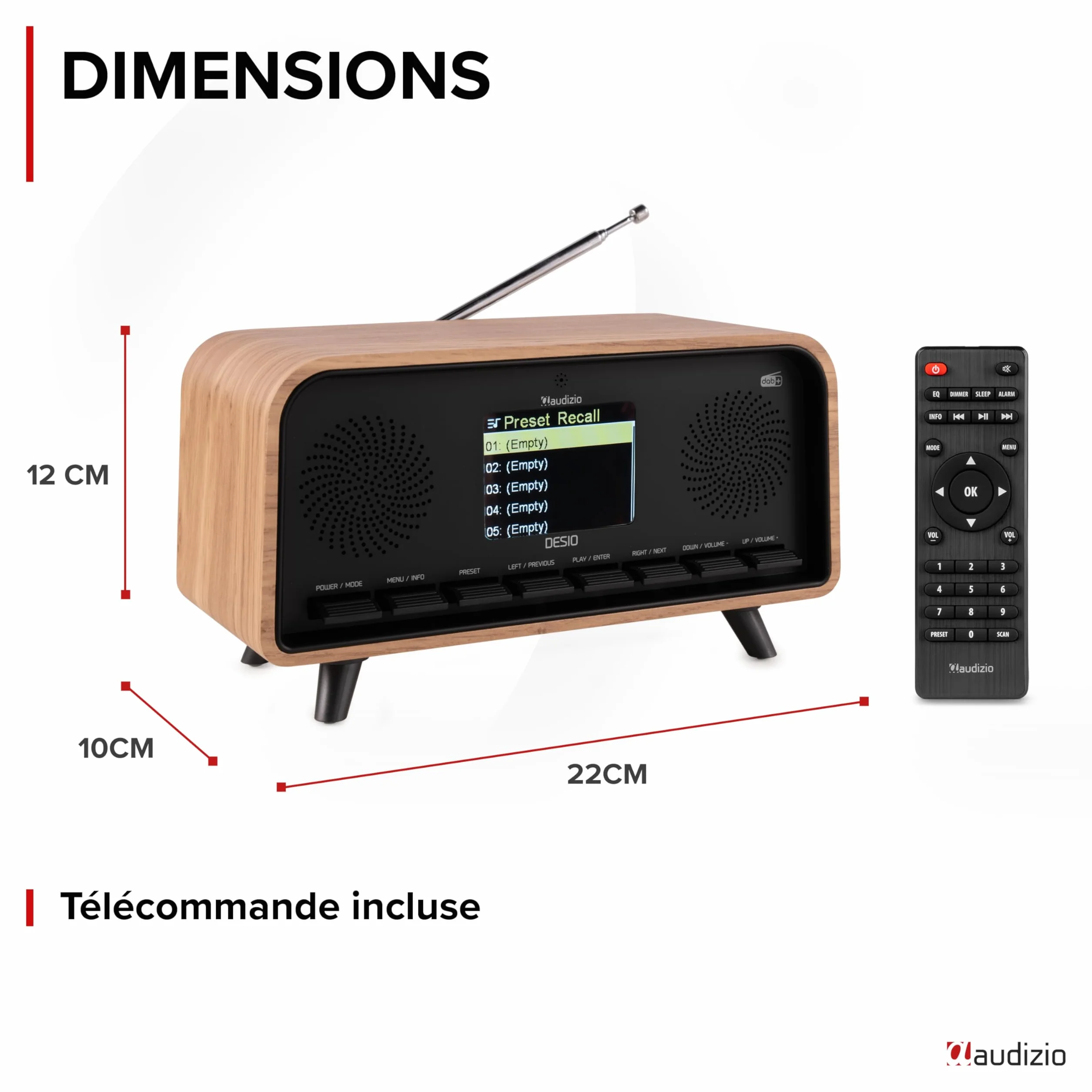 Audizio Desio Radio Dab/Dab+/FM avec BT 5.0, Écran Couleur 2,4", Port USB et Entrée AUX 3,5 mm, Design Rétro Couleur Chêne, Alarme et Minuterie, Idéale pour Salon, Cuisine ou Chambre