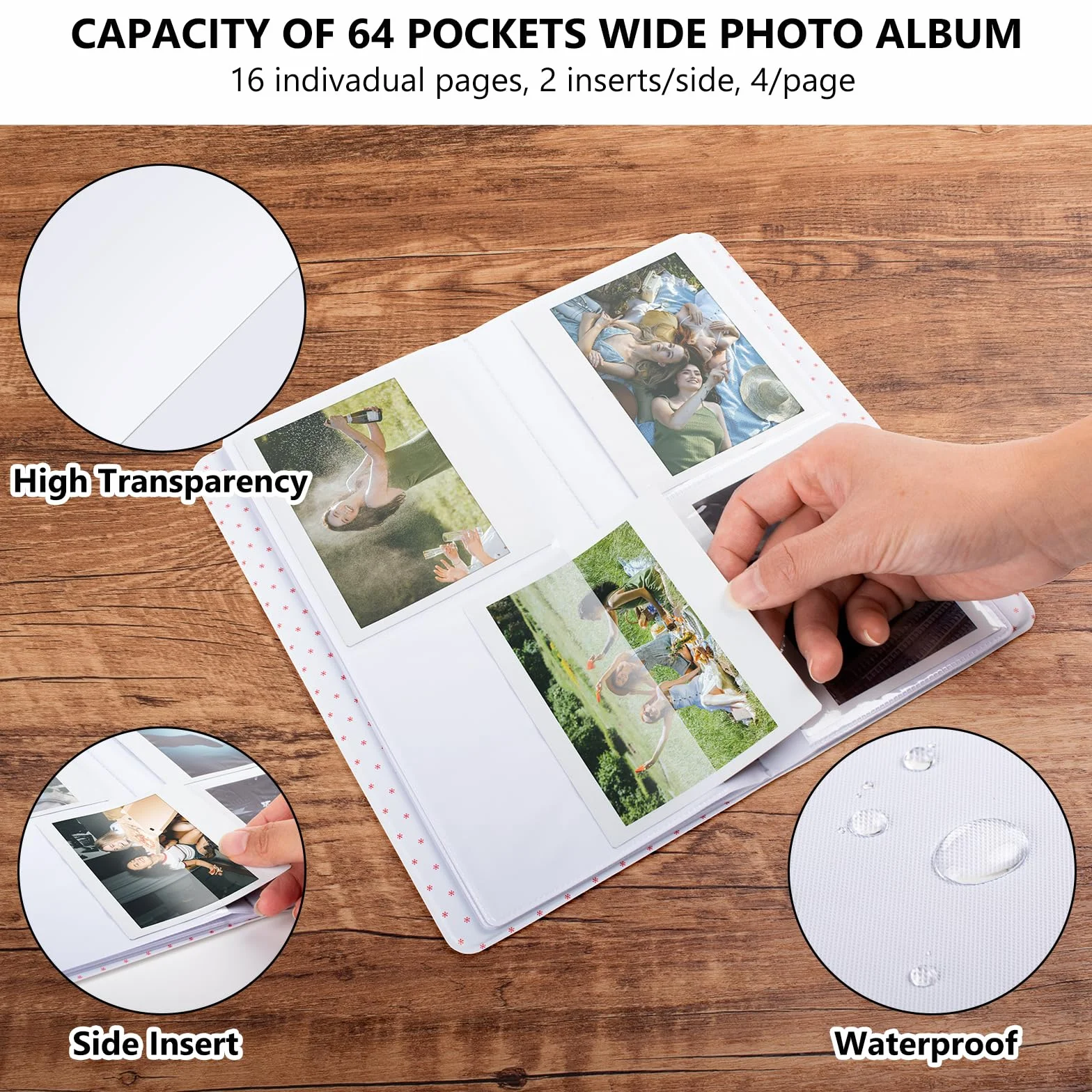 Album photo à 64 pochettes pour Fujifilm Instax WIDE 400/WIDE EVO, livre photo en cuir PU pour Instax Wide 300/210/200/Polaroid 600 i-Type Photo – Album photo 8,9 x 10,9 cm – Rose