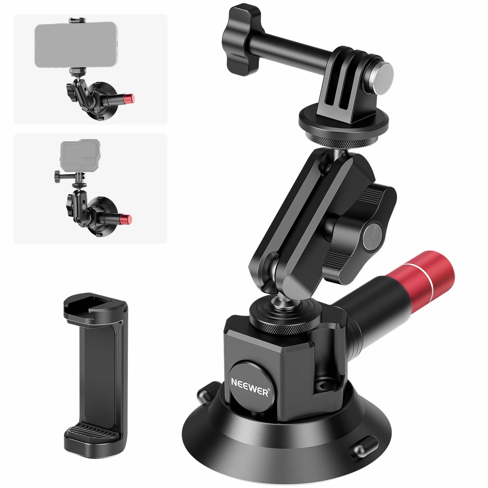 NEEWER Support Caméra Ventouse 3",Compatible avec Arri 1/4" Trous, Support de Voiture Quick Release+ de Téléphone, Adaptateur Action Cam Compatible avec iPhone GoPro DJI Insta360, CA104