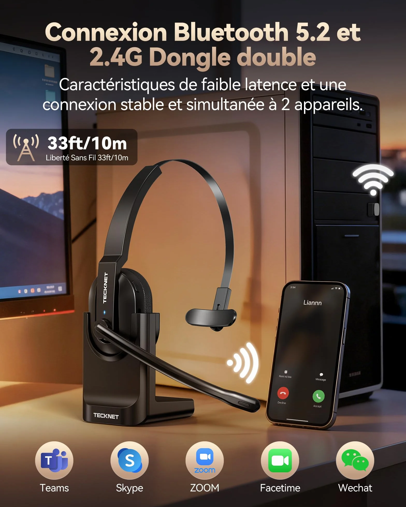 TECKNET Casque Bluetooth V5.2 avec microphone, casque sans fil avec station de charge, MIC ENC Casque PC, dongle USB, casque supra-auriculaire sans fil pour camionneur/centre d'appel/bureau – Batterie