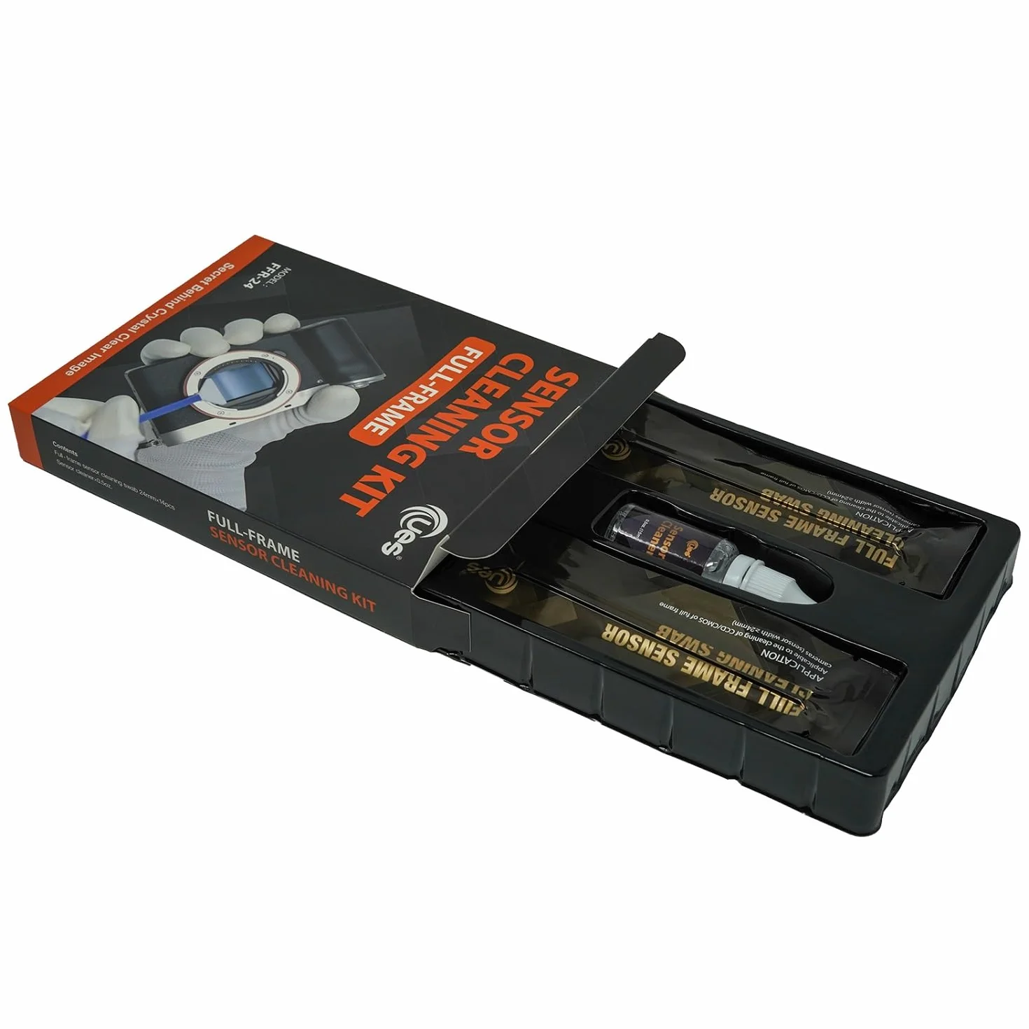 UES FFR24 Kit de Nettoyage Capteur Appareil Photo Plein Format (Hybride et Reflex) – 14 Bâtonnets (24 mm) & 15 ML Liquide Nettoyant – Élimine la Poussière (Compatible avec Canon, Sony, Nikon)