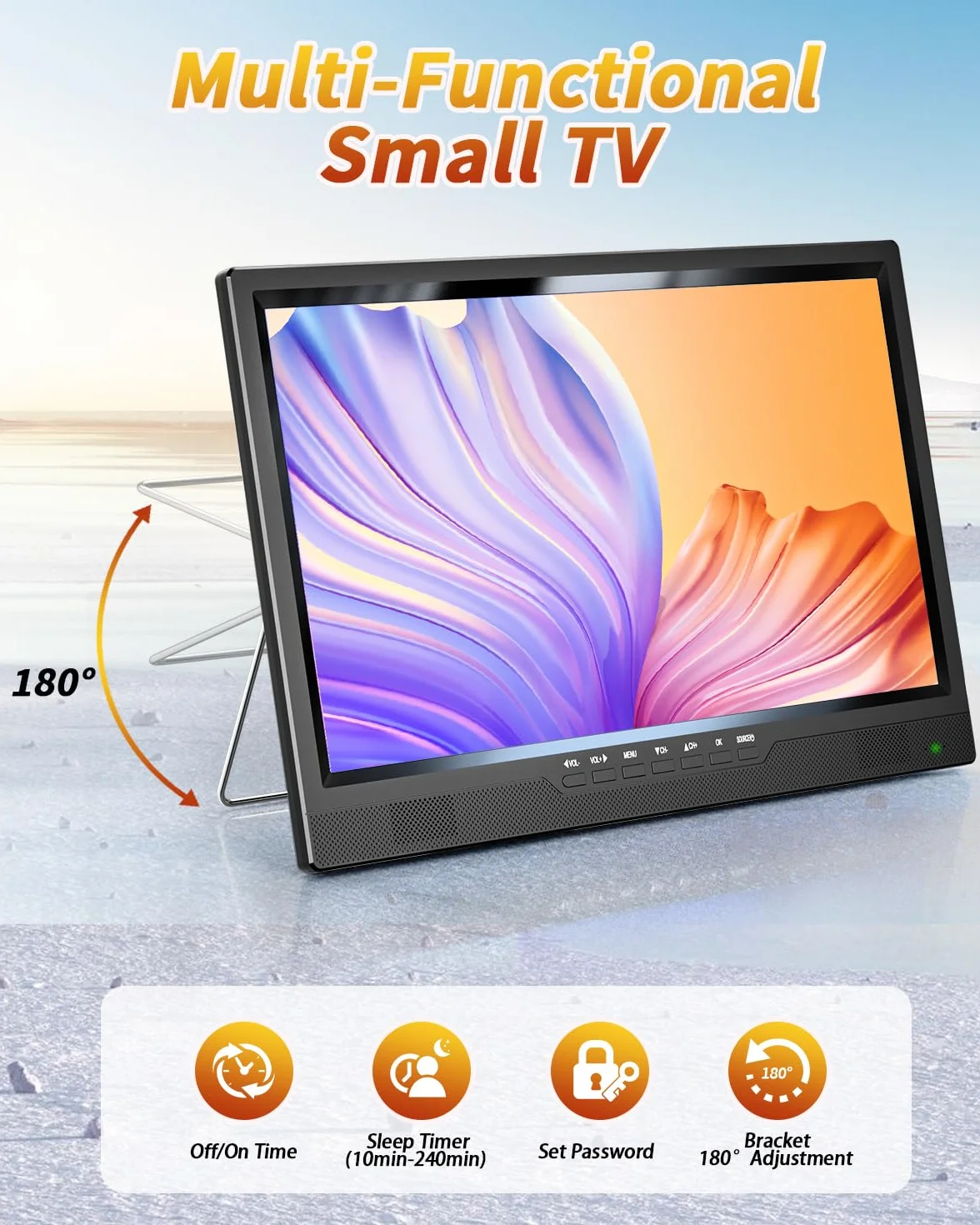Desobry Téléviseur portable 19 pouces, petite tv 1080P avec batterie et support intégrée, Tuner numérique DVB-T2, HDMI AV USB, tv 12v pour camping car, VR, cuisine, chambre