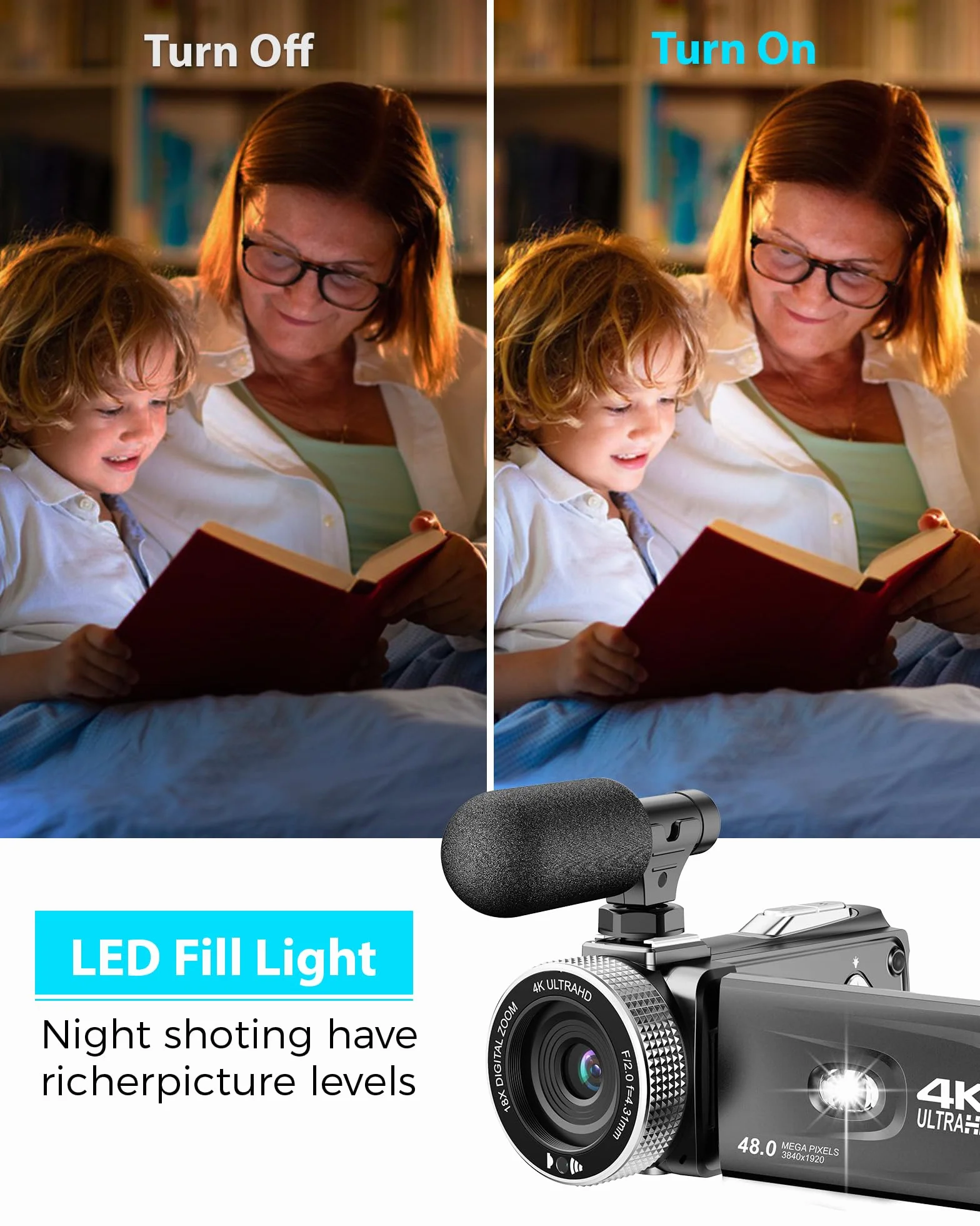 Caméscope 4K 48MP Caméra Vidéo Zoom 18X Écran Rotatif 3" 270° avec Carte 32 Go 2 Batteries